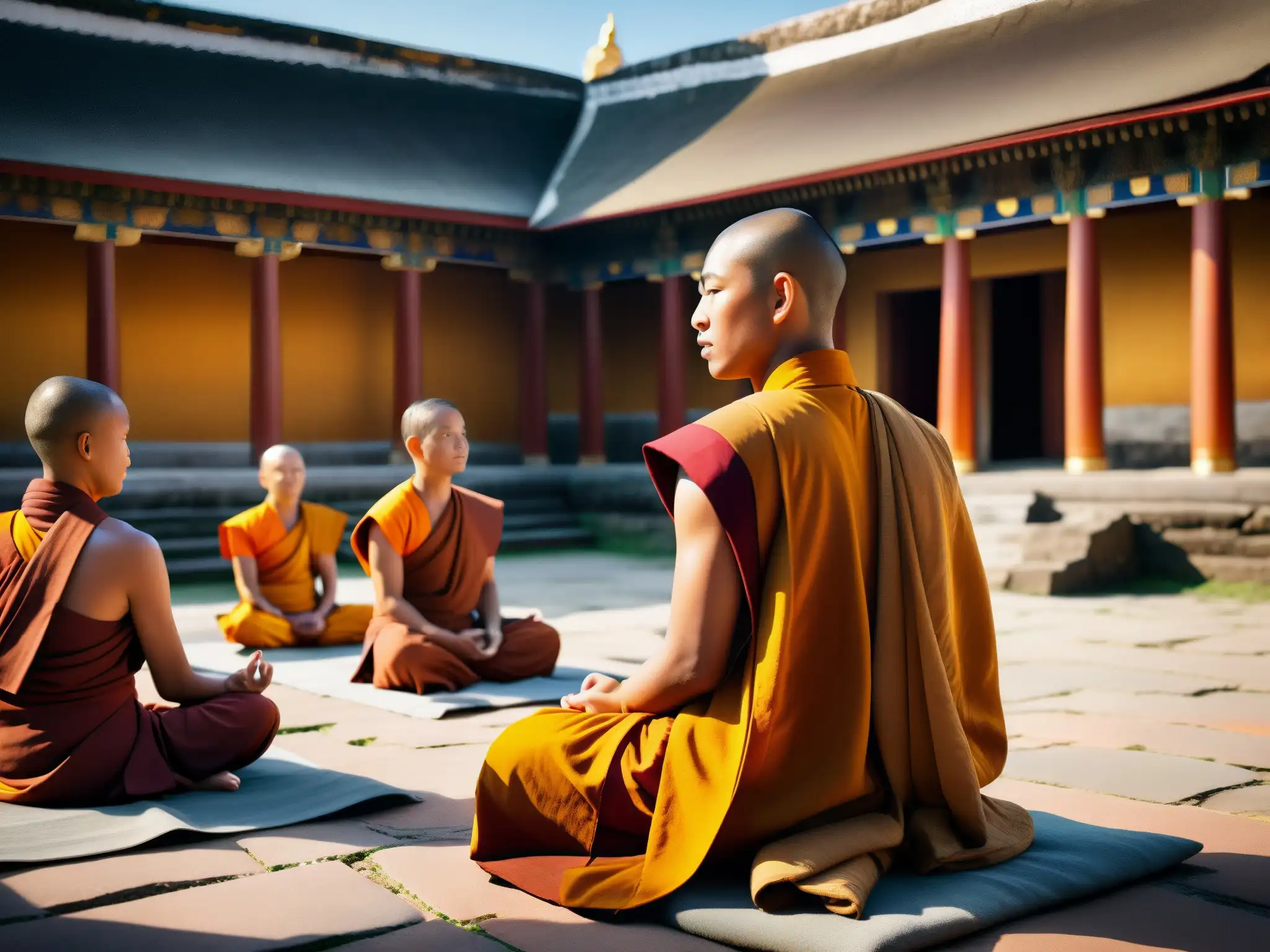 Un grupo de monjes budistas meditando en un antiguo templo, inmersos en la cultura budista