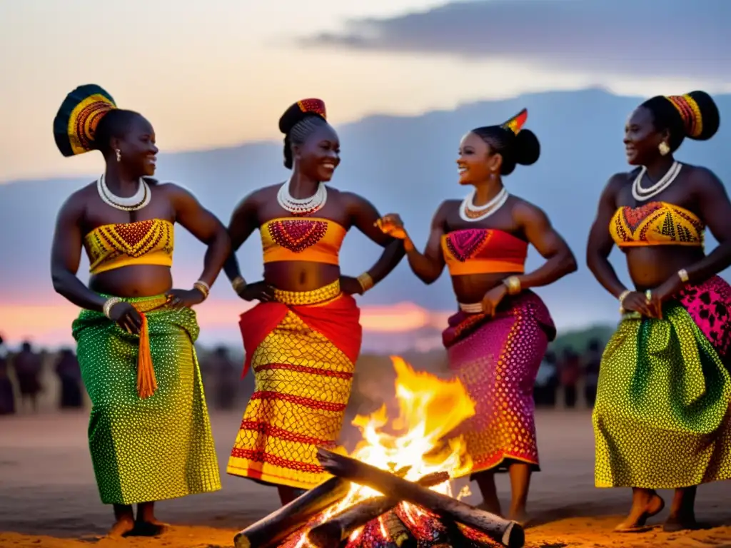 Un grupo de mujeres en atuendos tradicionales de Benín bailando alrededor de una hoguera, con un leopardo en el horizonte