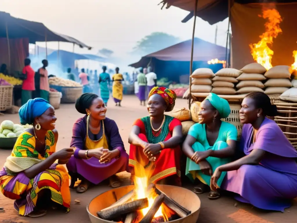 Grupo de mujeres beninesas comparten historias urbanas de magia en Benín alrededor de una fogata en un bullicioso mercado