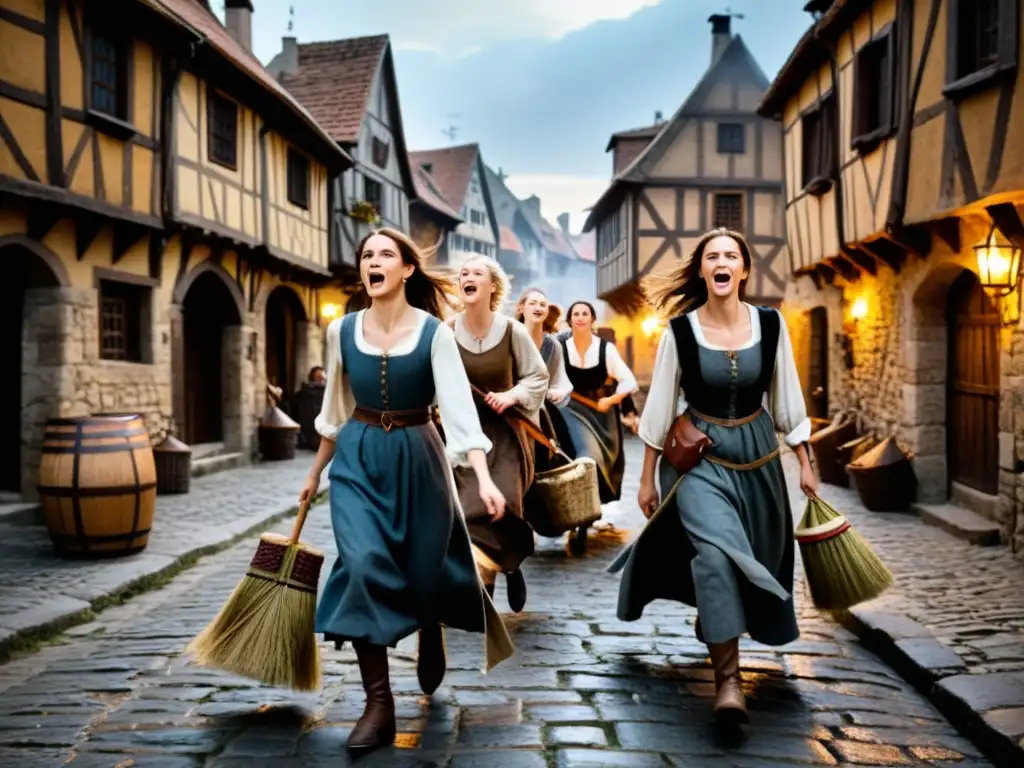 Un grupo de mujeres huye desesperadamente por las calles empedradas de un pueblo medieval europeo, perseguidas por una turba enardecida