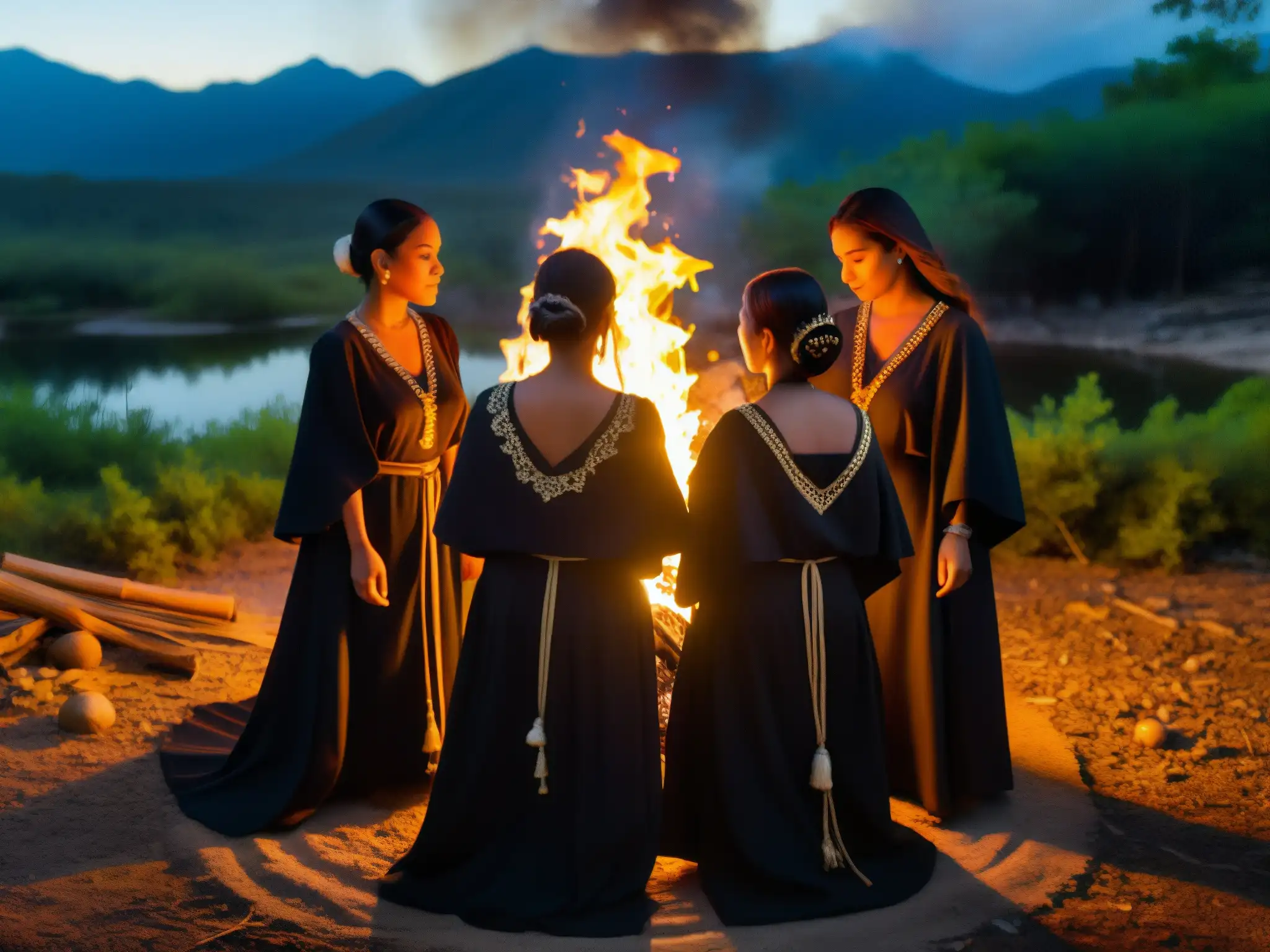 Un grupo de mujeres se reúne alrededor de una fogata en el bosque de Monterrey, realizando un ritual de hechicería en la sierra neoleonesa