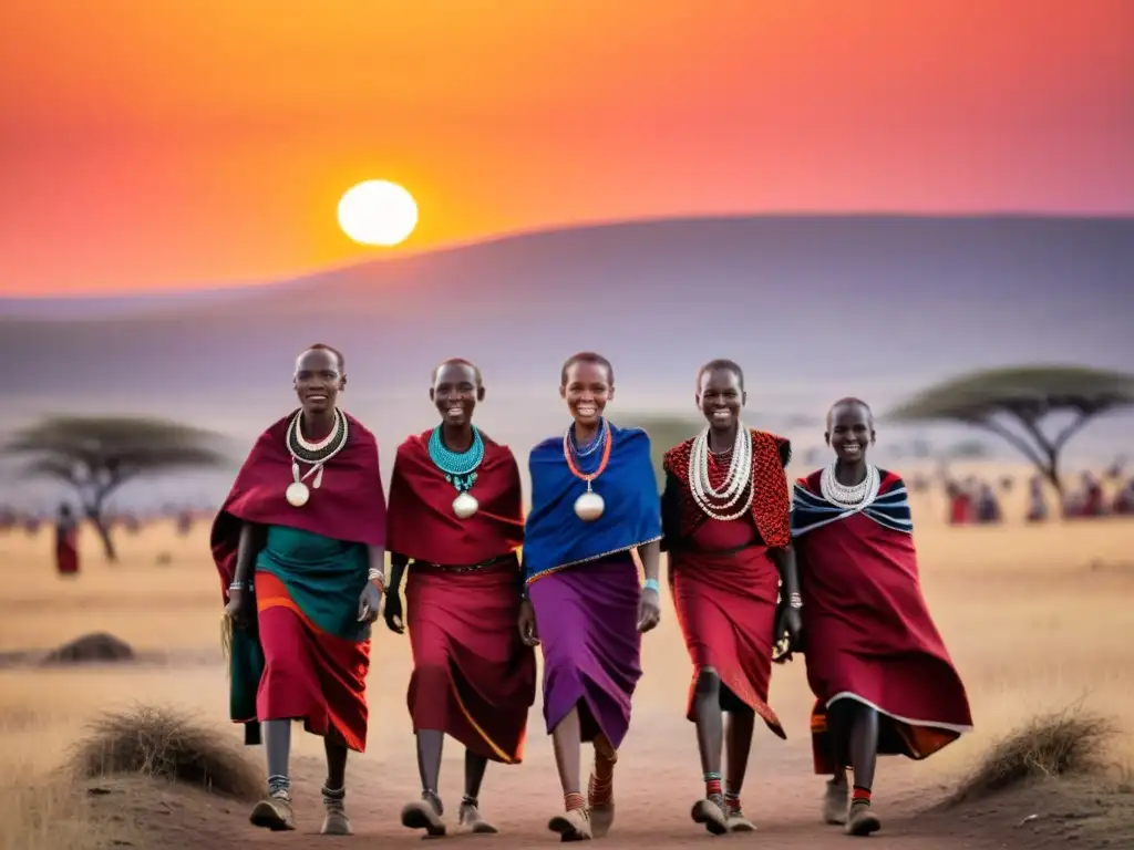 Grupo de mujeres Maasai bailando al atardecer en la Serengeti, capturando la tradición y el misticismo de las brujas voladoras en Tanzania