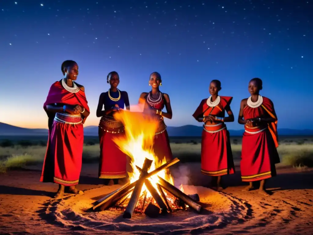 Grupo de mujeres maasai danzando alrededor de una fogata bajo el cielo estrellado en la sabana tanzana, creando un aura de misterio y tradición ancestral con el fenómeno de brujas voladoras en Tanzania