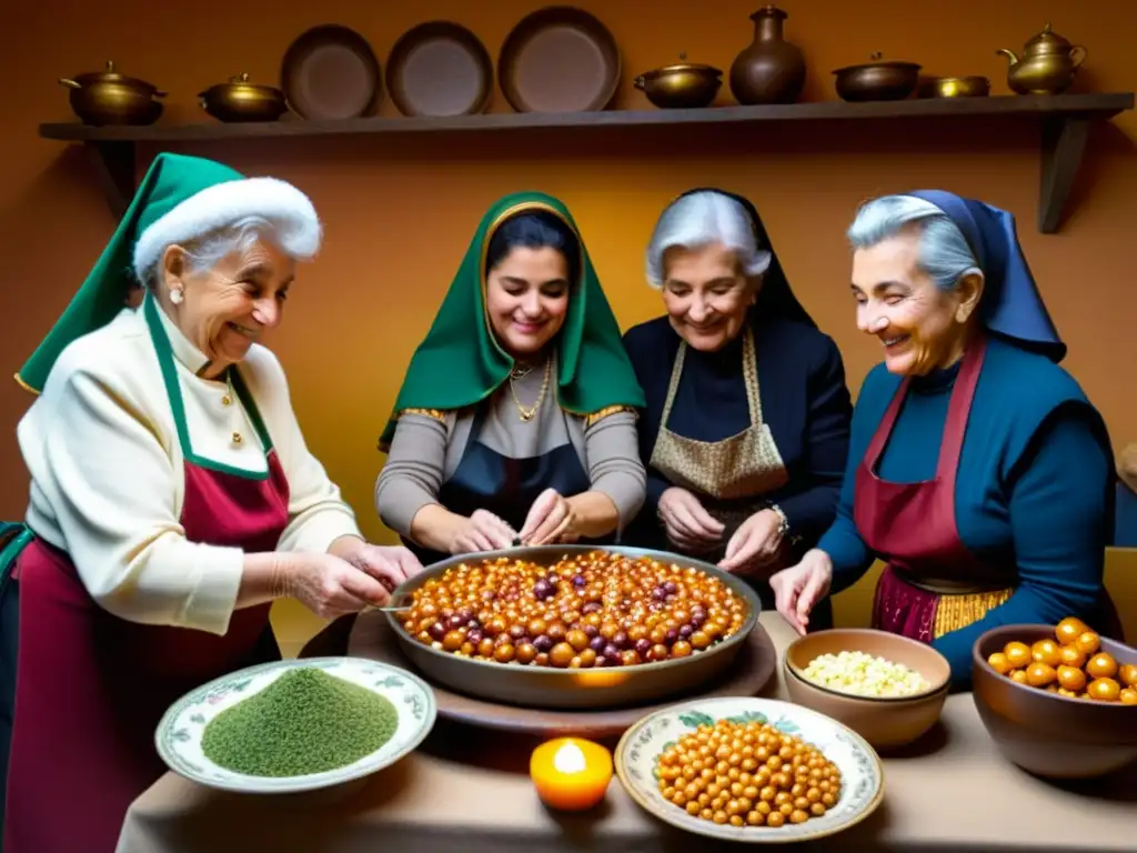 Un grupo de mujeres mayores italianas preparando struffoli, con el rico origen y significado de Befana reflejado en la tradición y los ingredientes