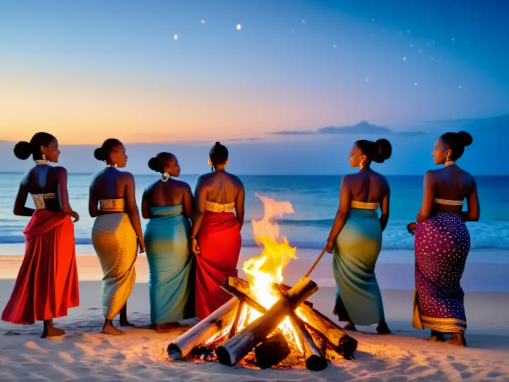 Un grupo de mujeres Swahili danzando alrededor de una fogata en la playa bajo la luna, exudando la magia y el poder en Swahili
