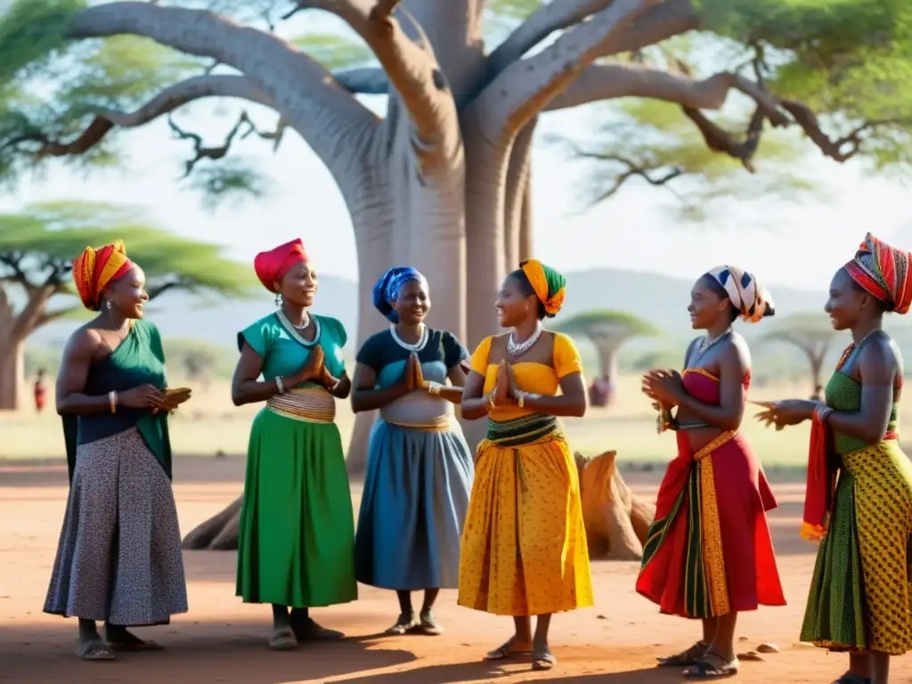 Un grupo de mujeres tanzanas vistiendo trajes tradicionales coloridos bailando bajo un baobab en Tanzania, un fenómeno de brujas voladoras