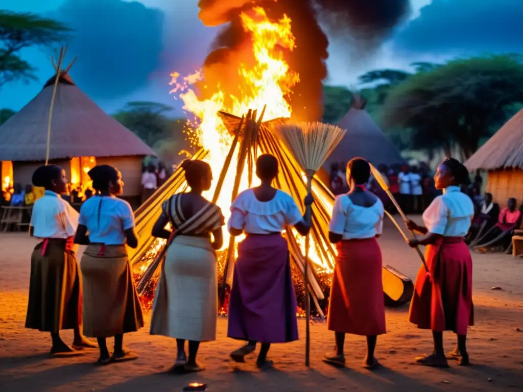 Grupo de mujeres con trajes tradicionales danzando alrededor de una fogata en una aldea de Tanzania, evocando el fenómeno brujas voladoras Tanzania