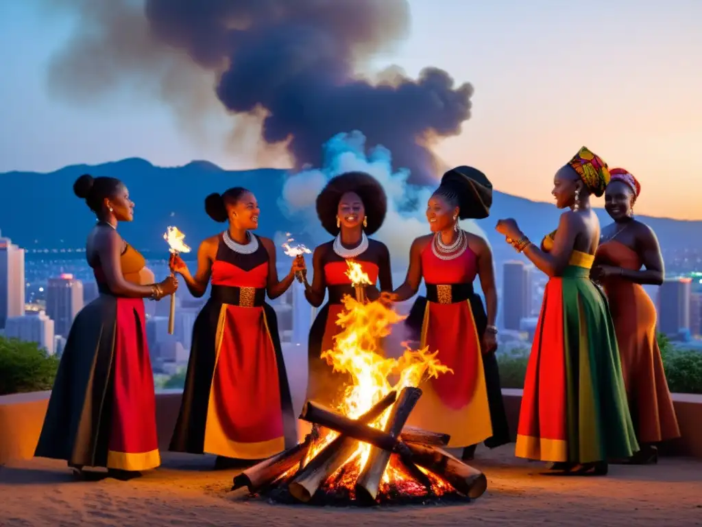 Un grupo de mujeres vestidas con trajes tradicionales africanos se reúnen alrededor de una fogata en una ciudad urbana, realizando un baile hechizante