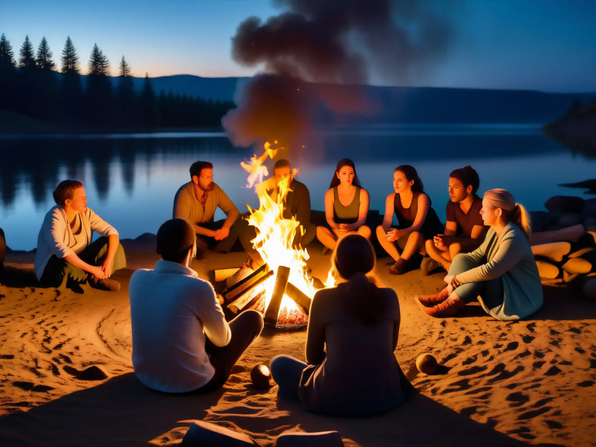 Un grupo escucha atentamente al narrador junto al fuego, creando una atmósfera misteriosa