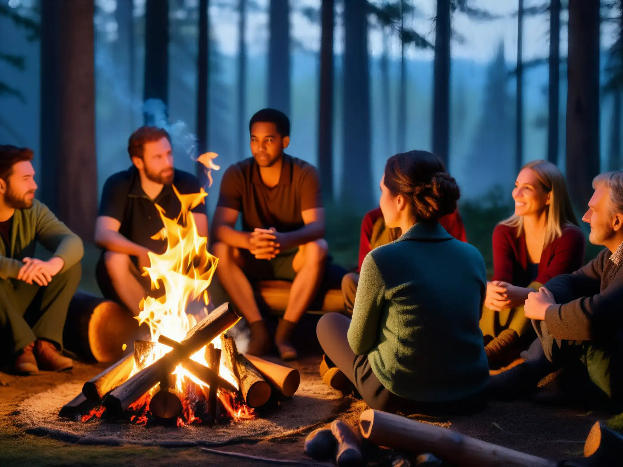 Un grupo escucha atentamente a un narrador junto al fuego en un bosque, evocando la 'Percepción de riesgos en leyendas urbanas'