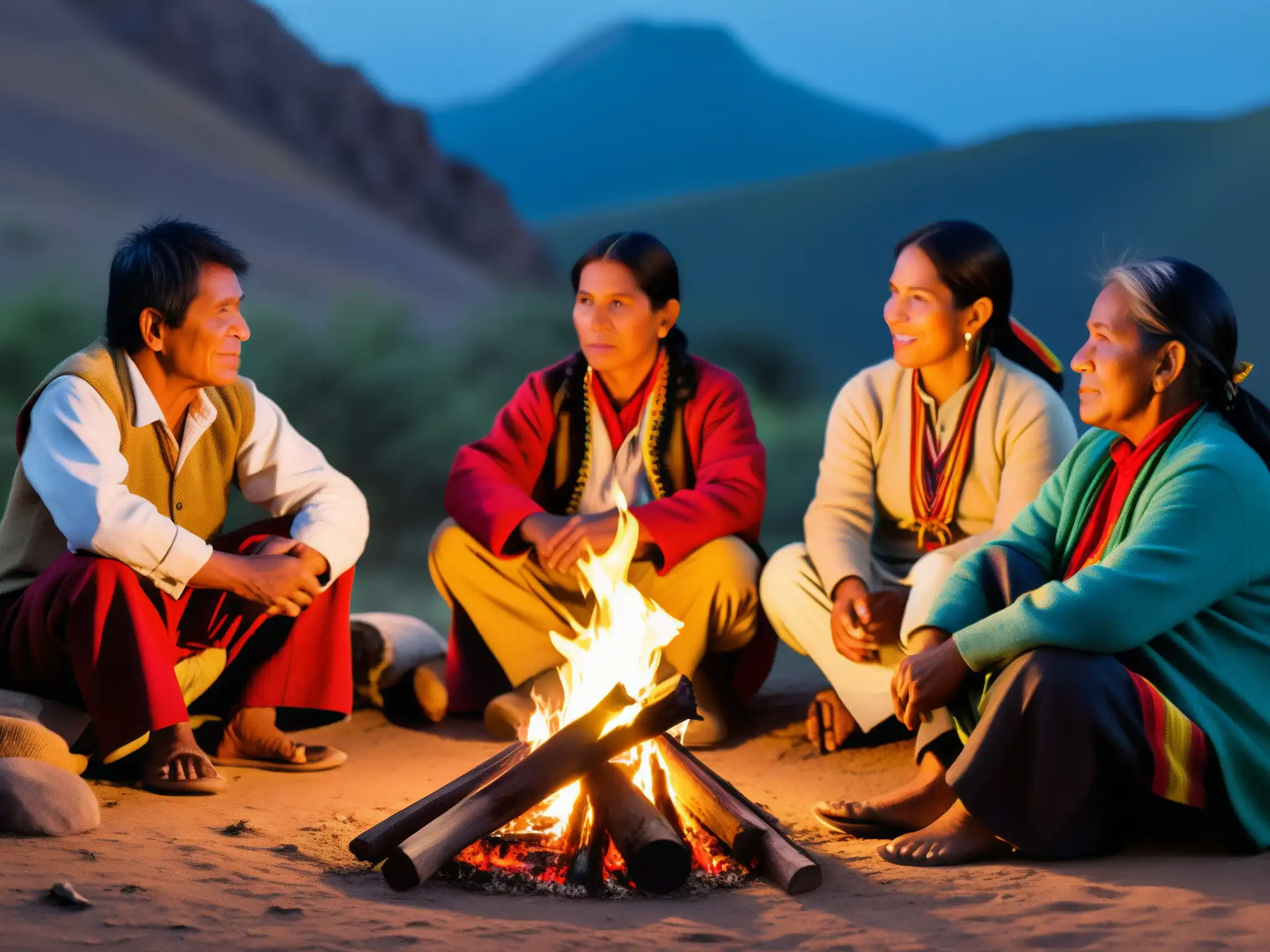 Grupo de narradores indígenas bolivianos comparten leyendas junto a la fogata en la majestuosa cordillera andina
