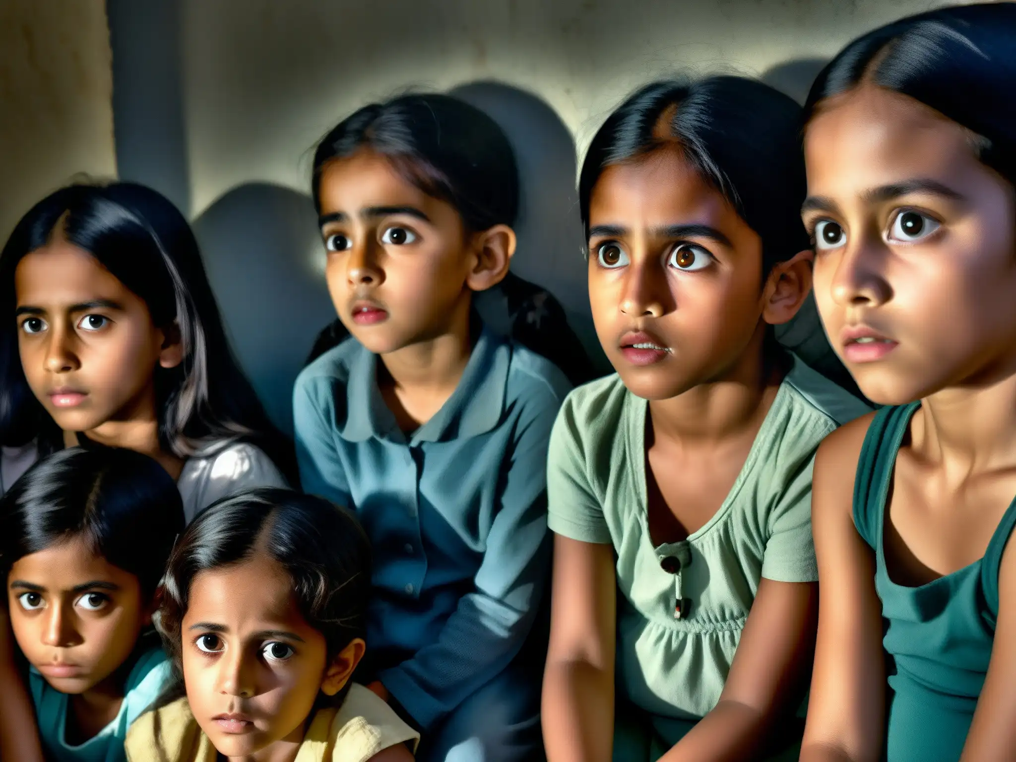 Un grupo de niños escucha a un cuentacuentos con caras de miedo mientras escuchan la leyenda de La Llorona