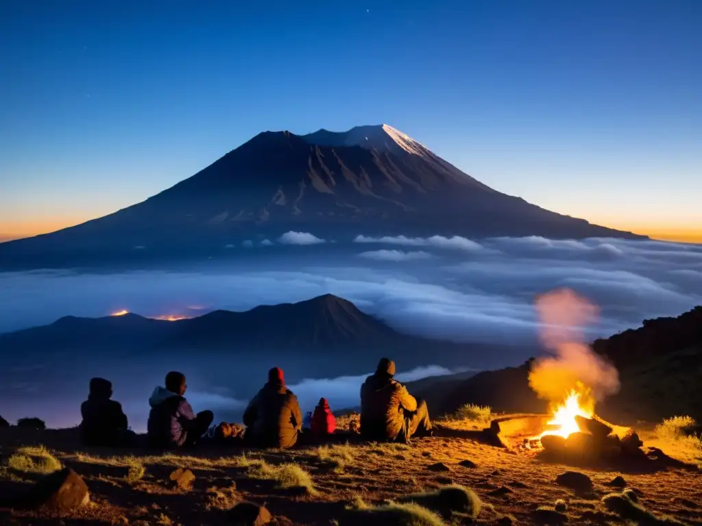 Grupo en la noche del Kilimanjaro escuchando leyendas de fantasmas alrededor de la fogata