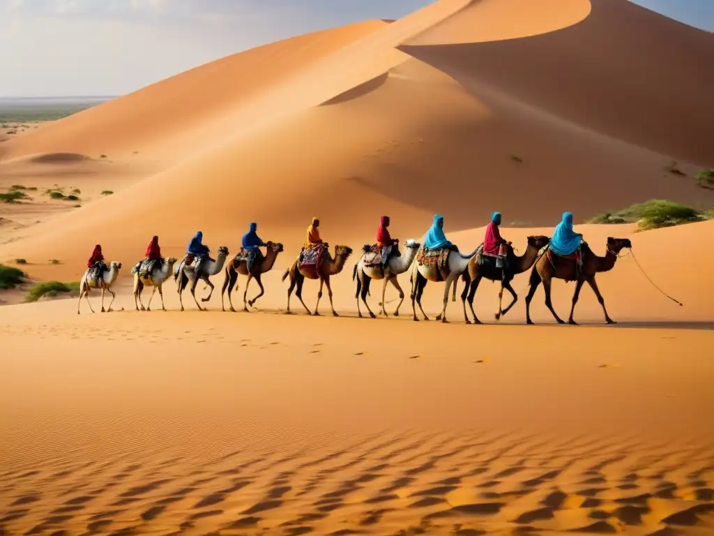 Un grupo de nómadas somalíes atraviesa el árido desierto con sus camellos, creando una escena evocadora de historias insólitas nómada somalí