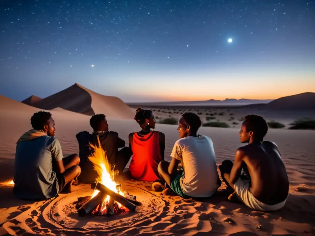 Un grupo de nómadas somalíes escucha historias insólitas alrededor de una fogata bajo el cielo estrellado del desierto