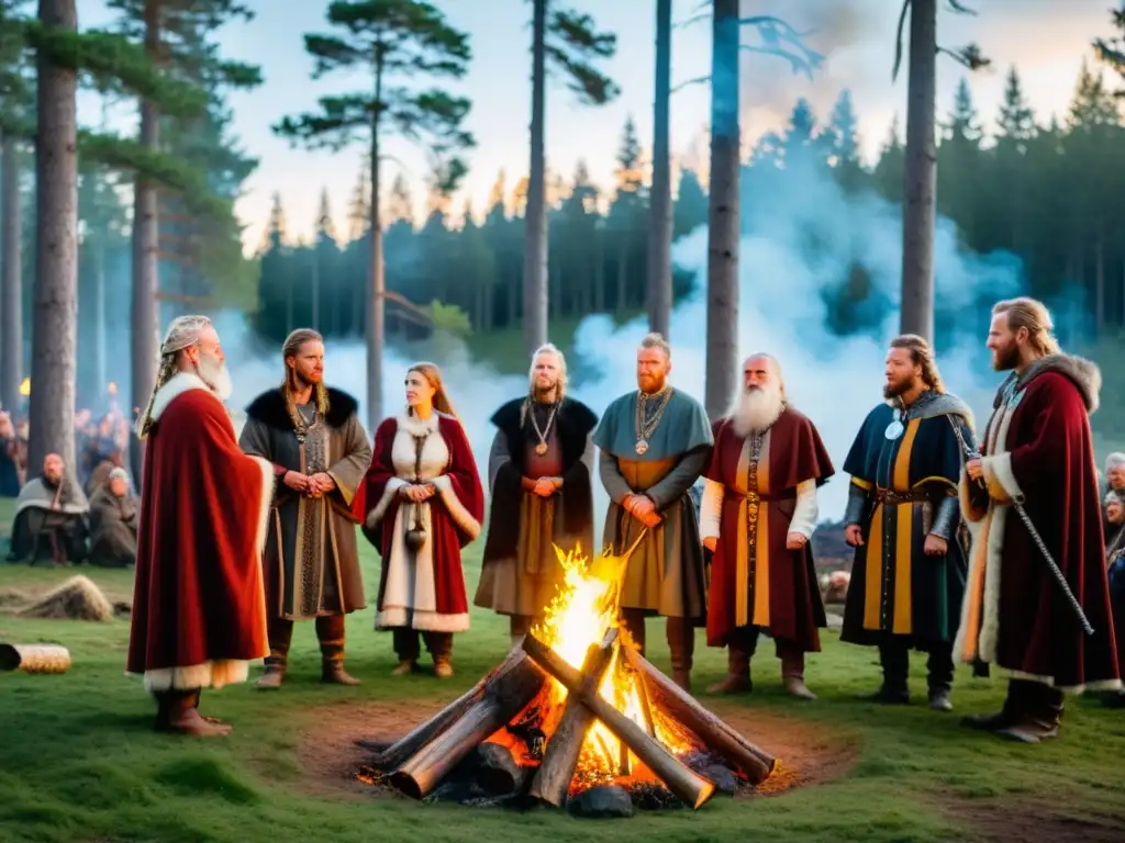 Grupo de paganos suecos realizando culto secreto a Frey en un bosque sagrado de Suecia, con música y baile vikingo alrededor de la fogata