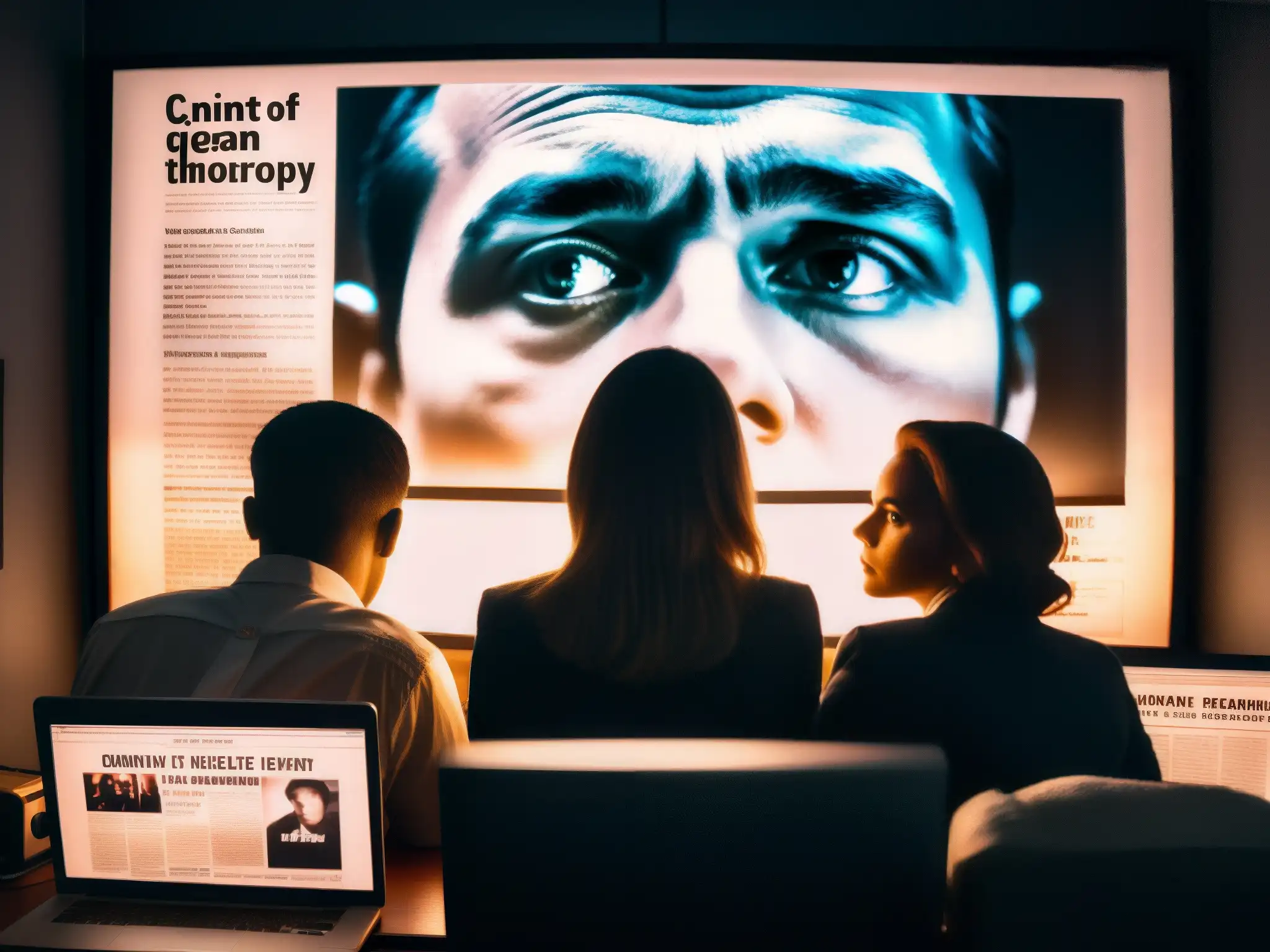 Un grupo en penumbra observa con inquietud una pantalla de ordenador en una habitación oscura llena de teorías de conspiración