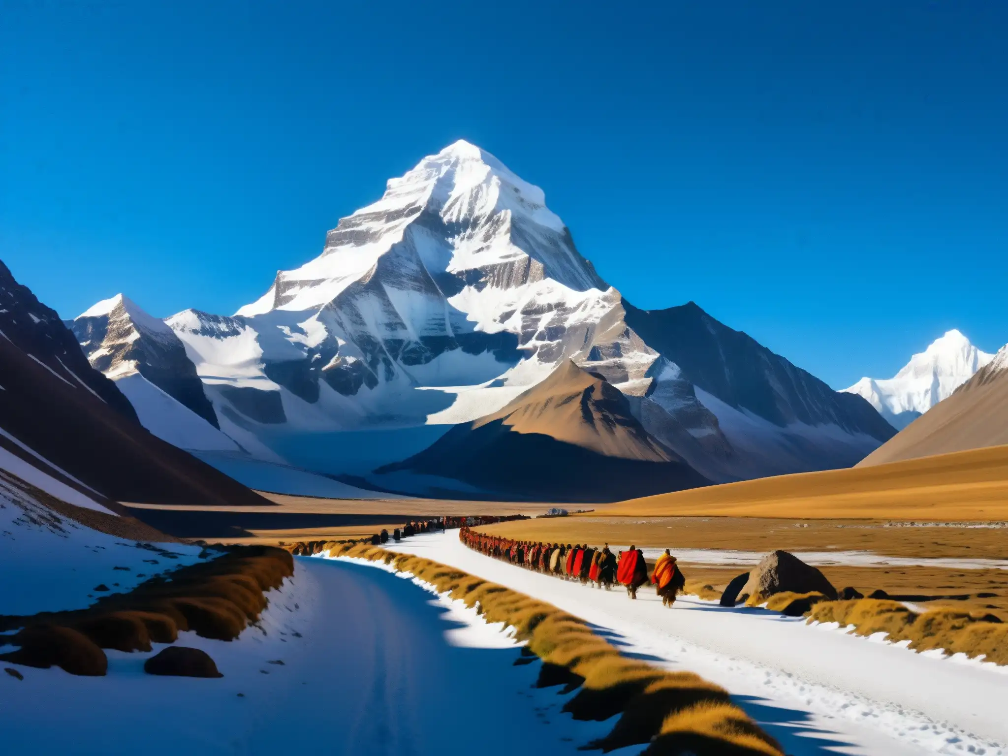 Grupo de peregrinos caminando hacia la majestuosa montaña Kailash, bañada por el cálido sol dorado, evocando leyendas urbanas montaña Kailash