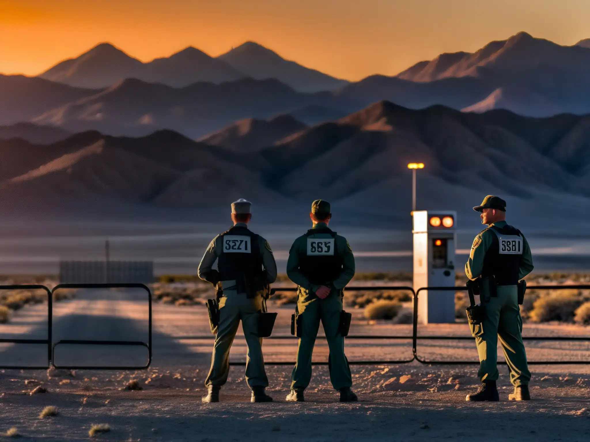 Un grupo de personal de seguridad custodia las fortificadas puertas del Área 51 al atardecer, creando un ambiente misterioso