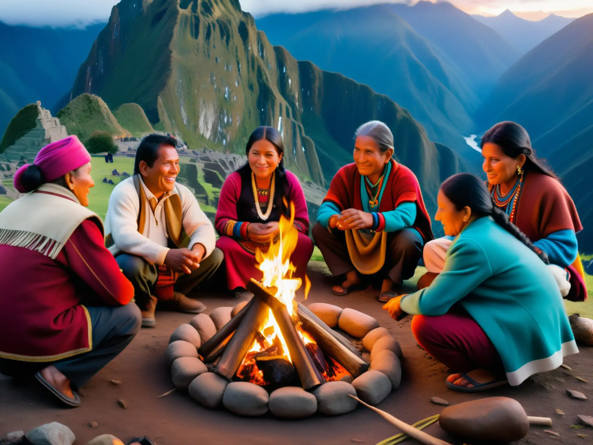 Un grupo de personas andinas se reúnen alrededor de una fogata, realizando un ritual tradicional para honrar a Pachamama