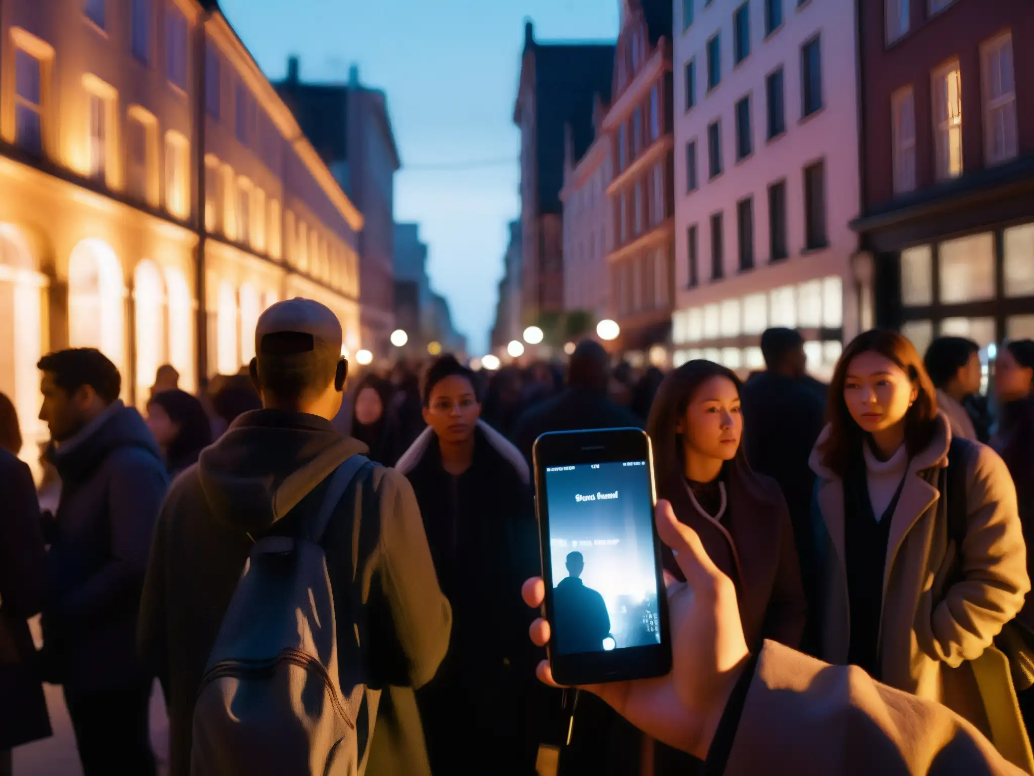 Un grupo de personas escucha con atención una leyenda urbana digital en una calle oscura de la ciudad, con un impacto leyendas urbanas digitales
