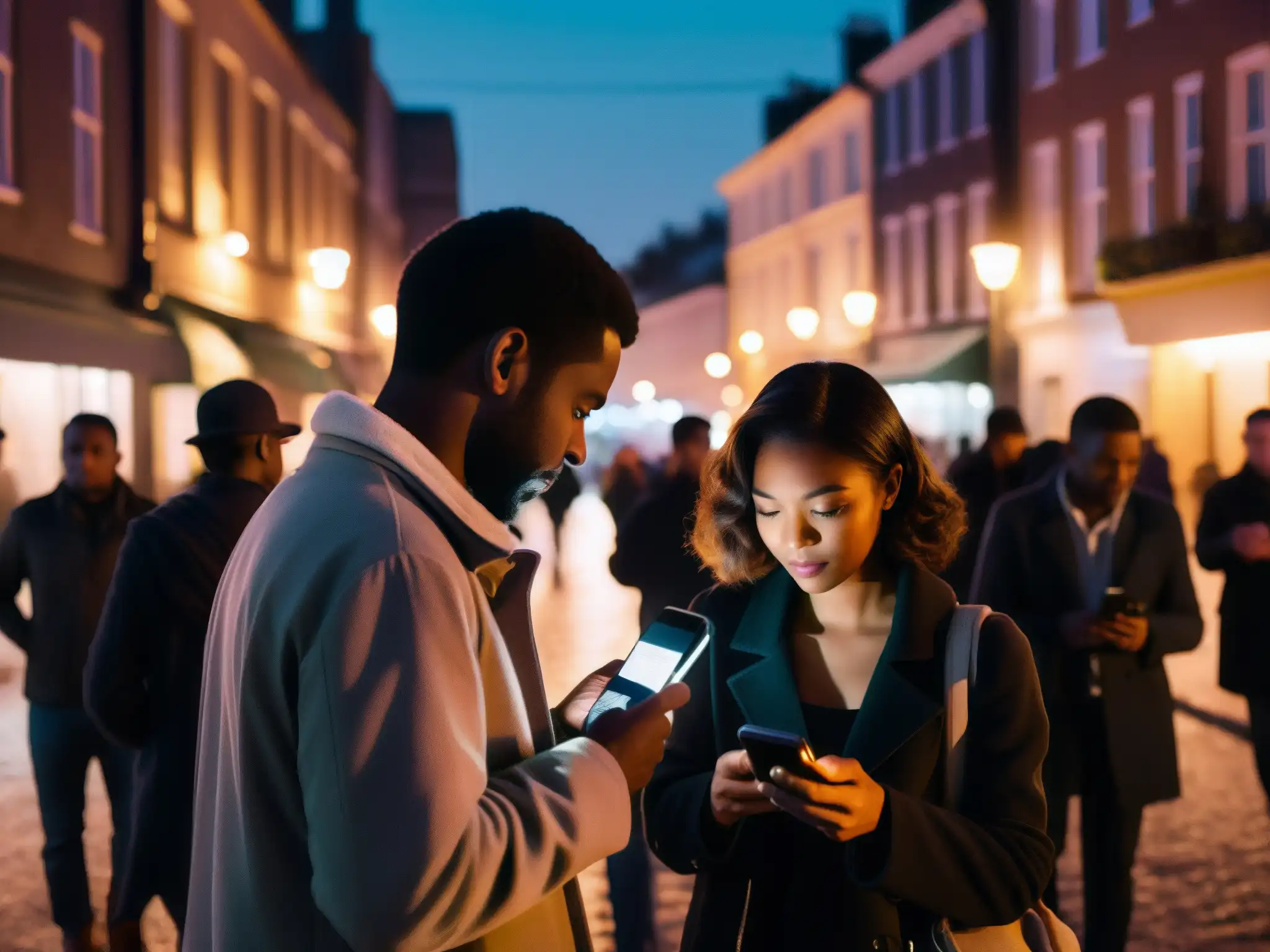 Un grupo de personas en una calle oscura comparten leyendas urbanas en un móvil, creando cohesión social en la comunidad urbana