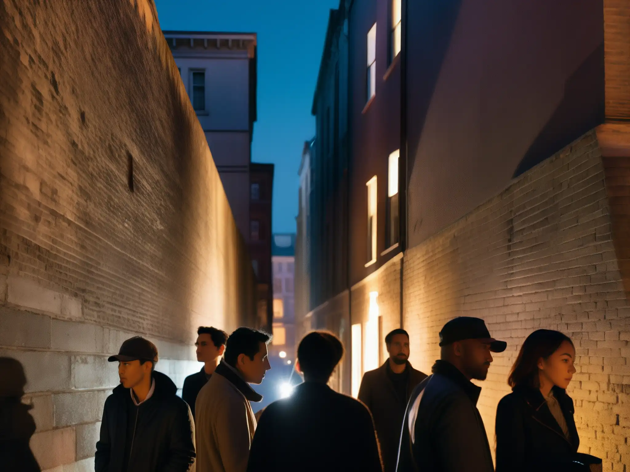 Un grupo de personas en una calle oscura llena de misterio, susurran entre sí, mientras una figura en la distancia añade a la inquietud