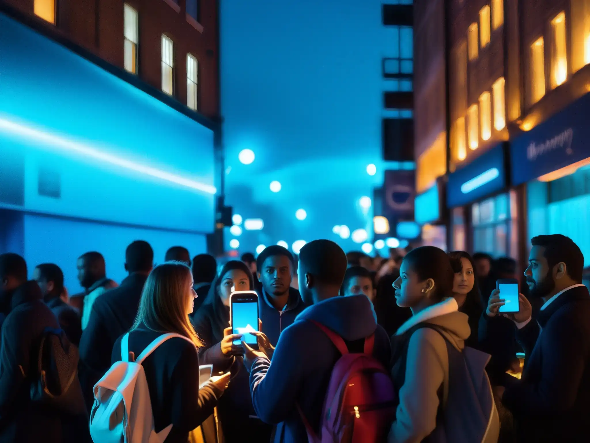 Un grupo de personas en una calle oscura de la ciudad, con la luz azul de las redes sociales en sus teléfonos mientras comparten leyendas urbanas