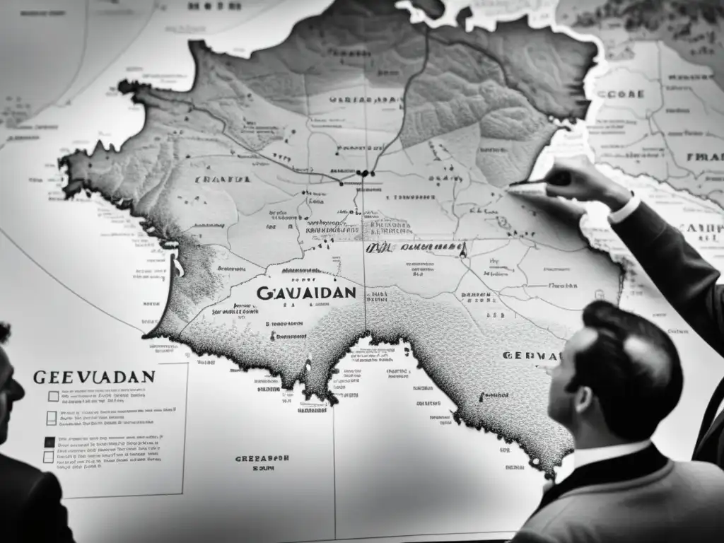 Un grupo de personas estudia un detallado mapa en blanco y negro de la región de Gévaudan en Francia, mientras discuten intensamente