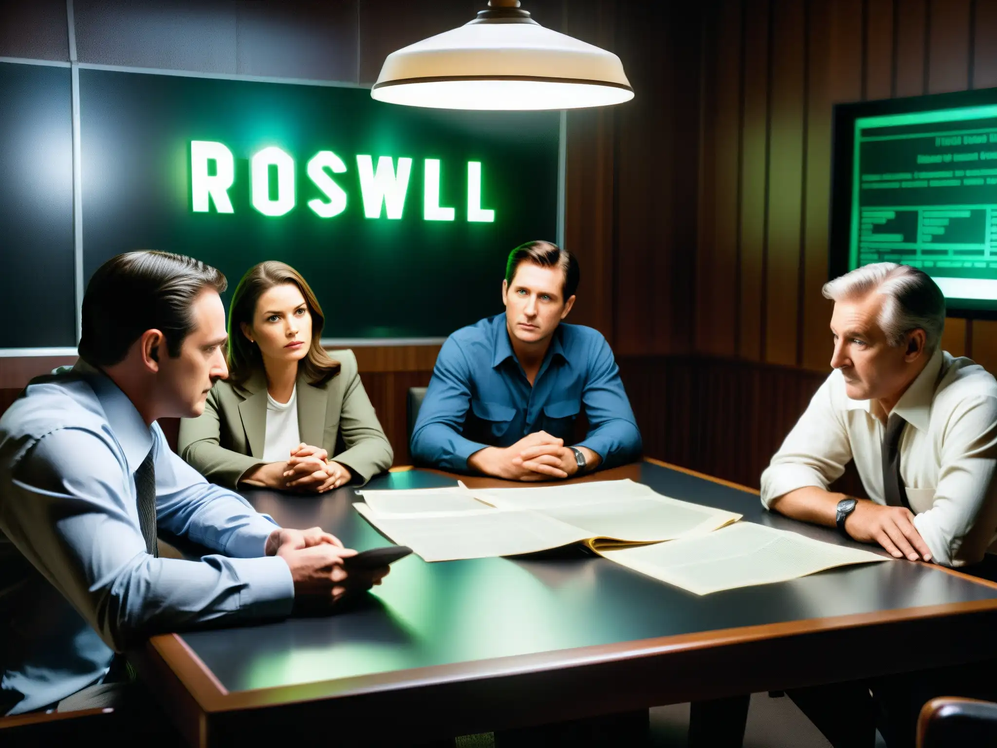 Un grupo de personas analiza documentos sobre el caso Roswell