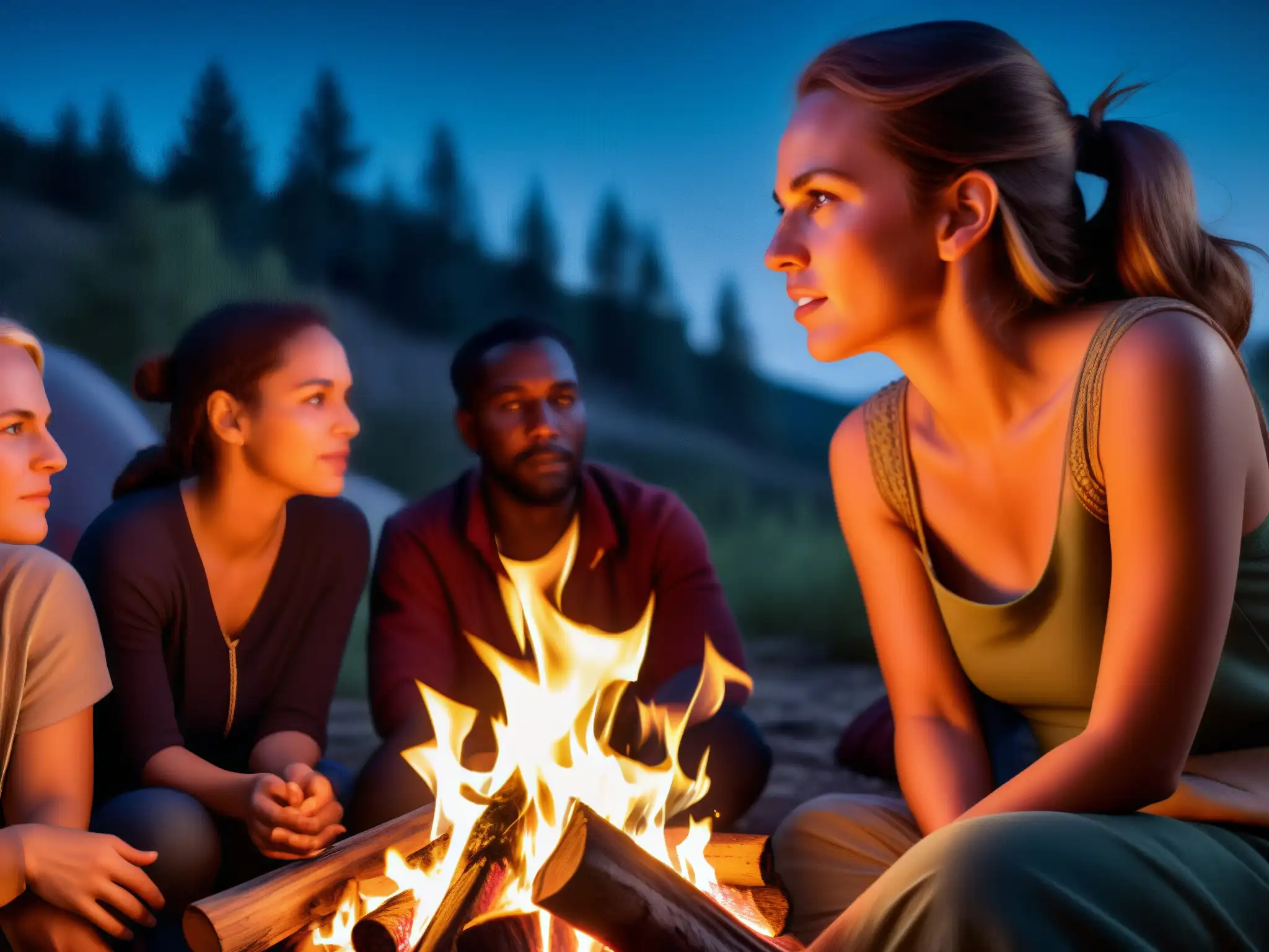 Un grupo de personas se reúne alrededor de una fogata por la noche, escuchando atentamente a un narrador mientras el fuego ilumina sus rostros