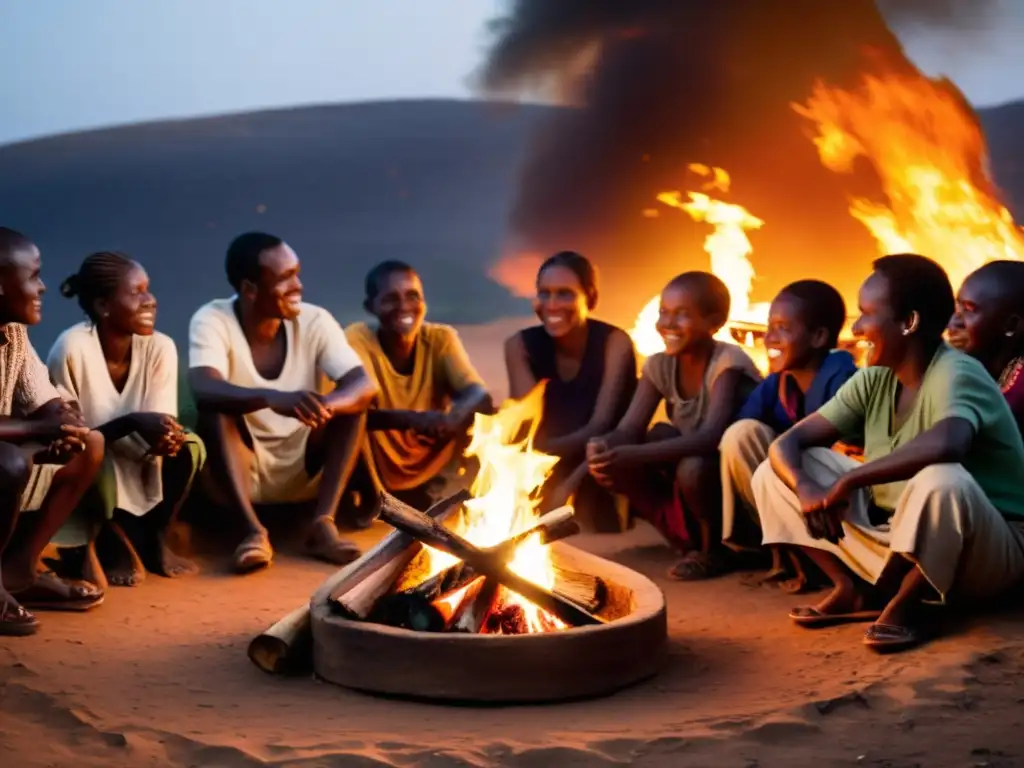 Grupo de personas alrededor del fuego en aldea africana, reflejando creencias ancestrales en leyendas urbanas africanas