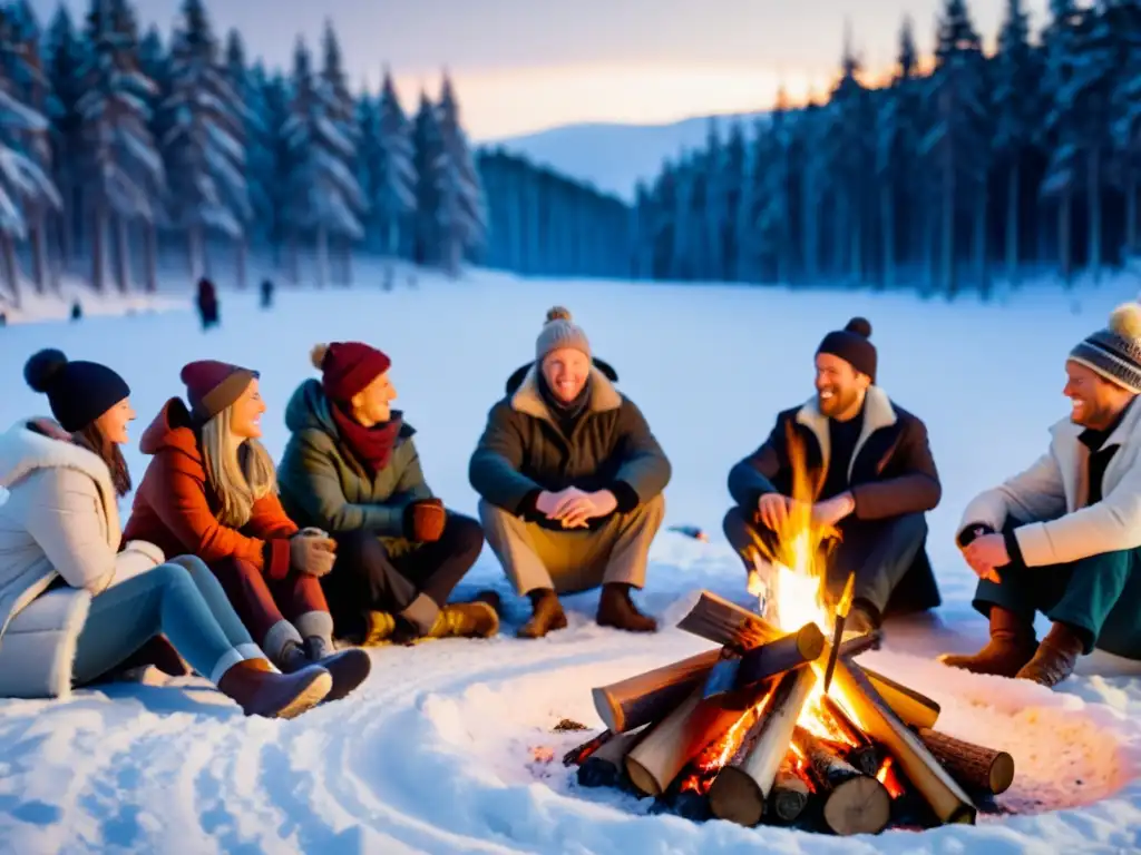 Un grupo de personas se reúnen alrededor de una gran fogata en un claro nevado del bosque, evocando mitos y leyendas urbanas del solsticio de invierno