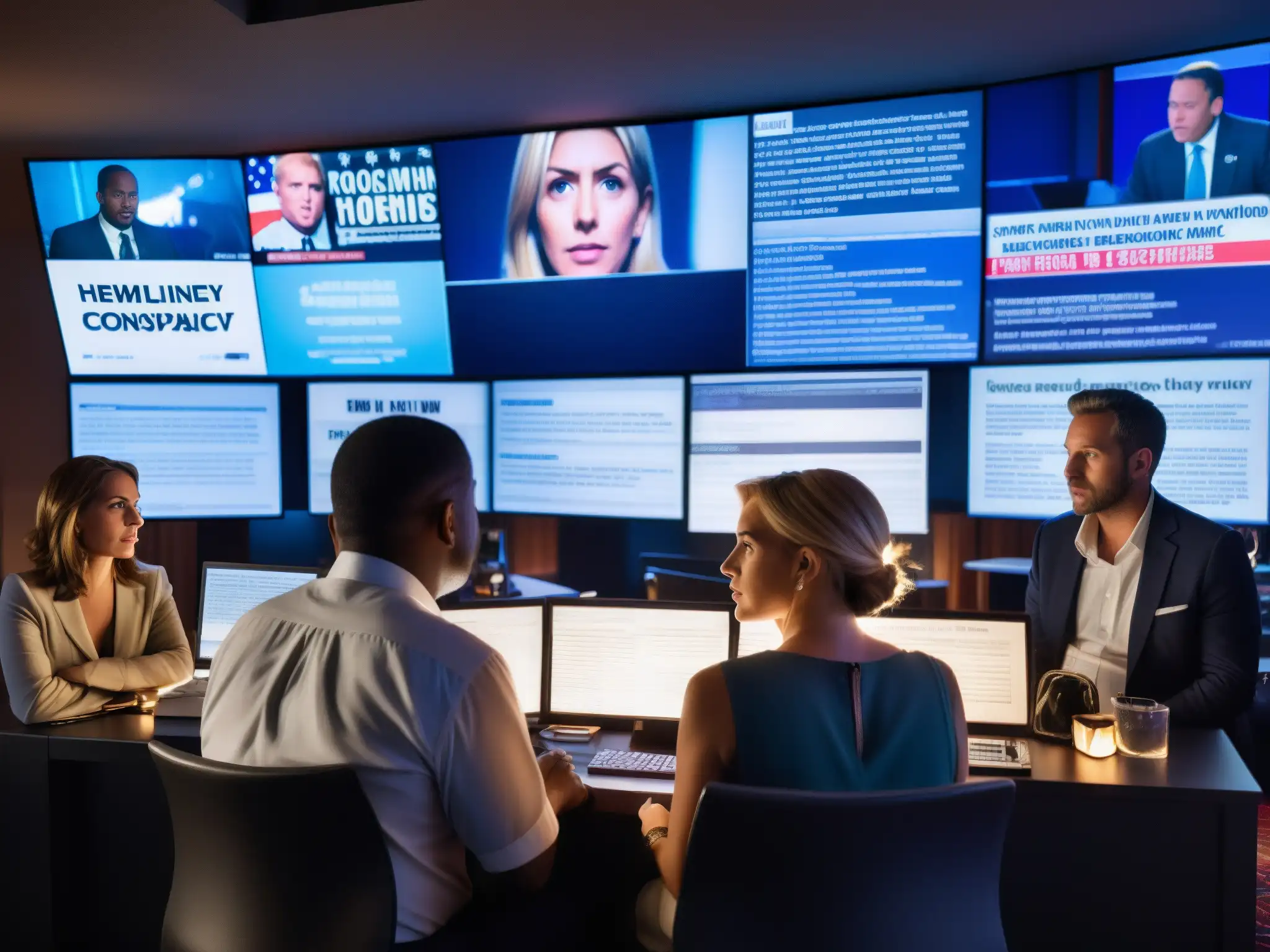 Un grupo de personas en una habitación tenue, obsesionadas por teorías de conspiración y noticias alarmantes en pantallas de computadora