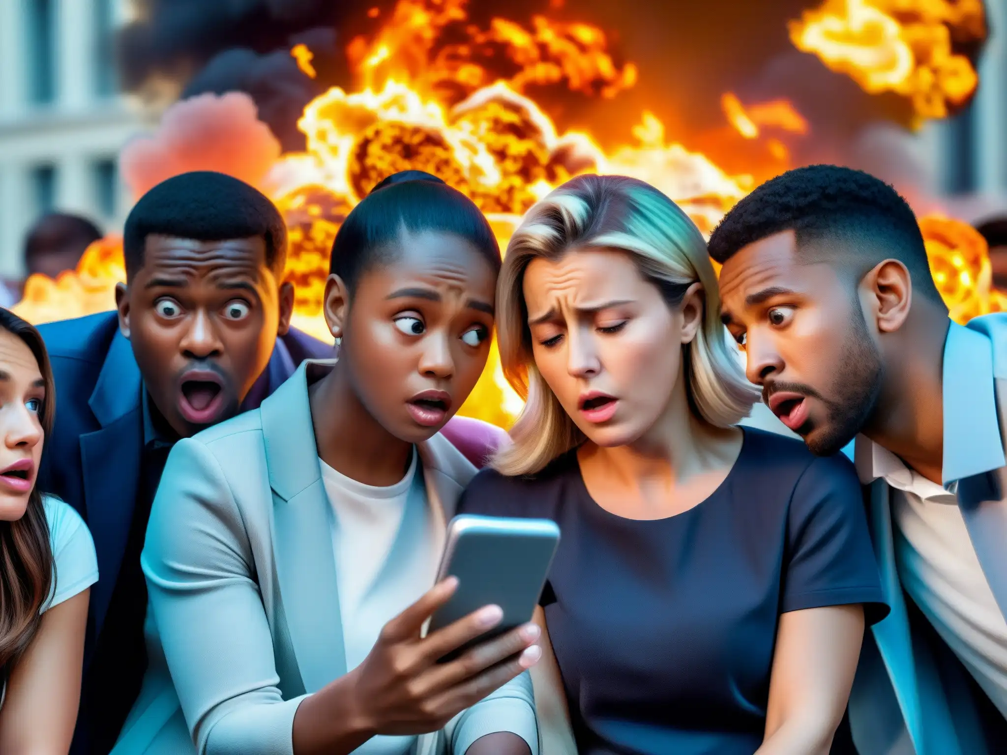 Un grupo de personas impactadas por las noticias falsas en un celular