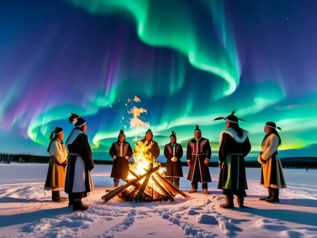 Un grupo de personas indígenas bailando alrededor de una fogata bajo la Aurora Boreal, vistiendo trajes tradicionales con detalles de cuentas y plumas