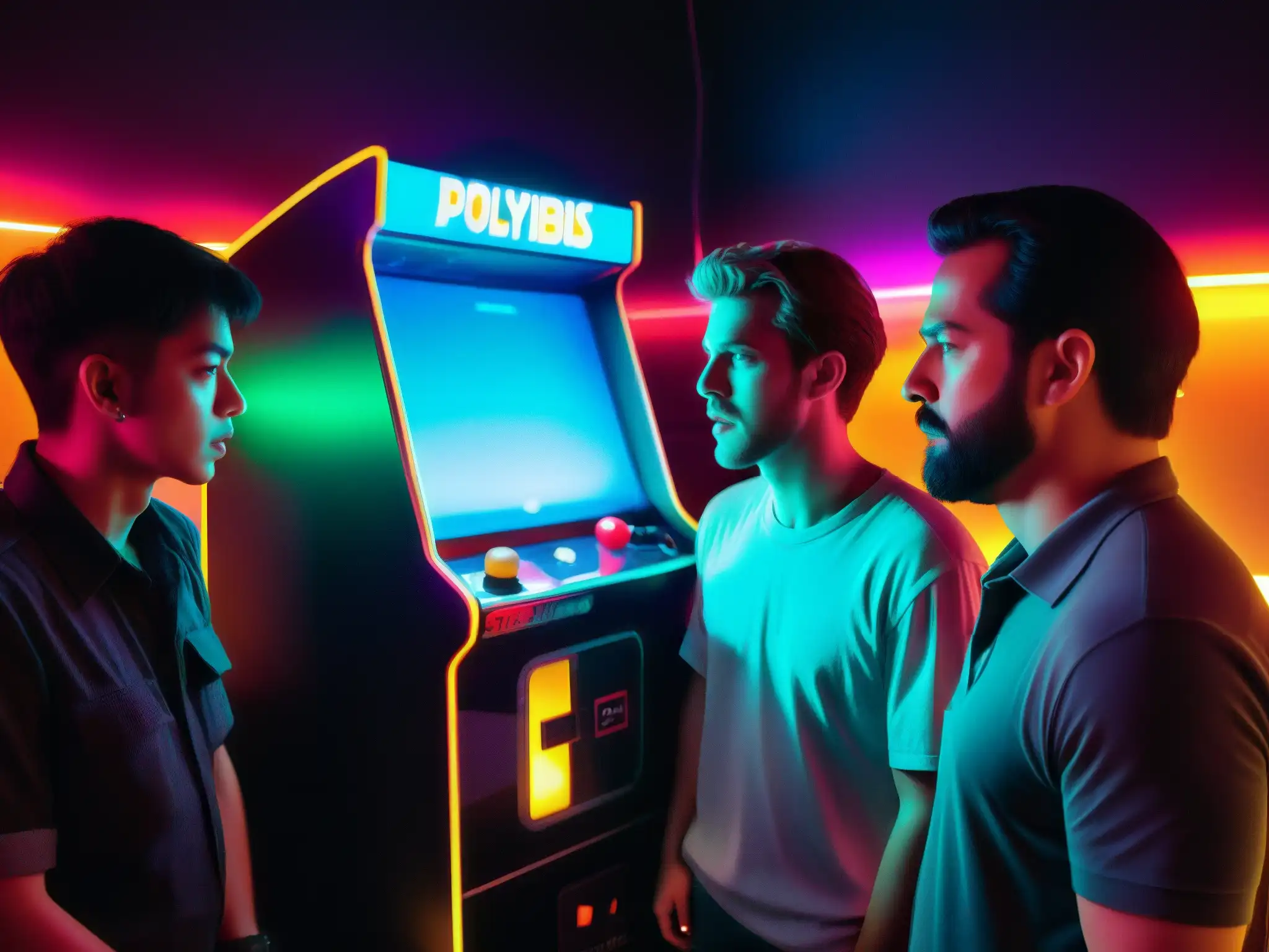 Un grupo de personas juega con intensidad el misterioso juego Polybius en una antigua máquina arcade