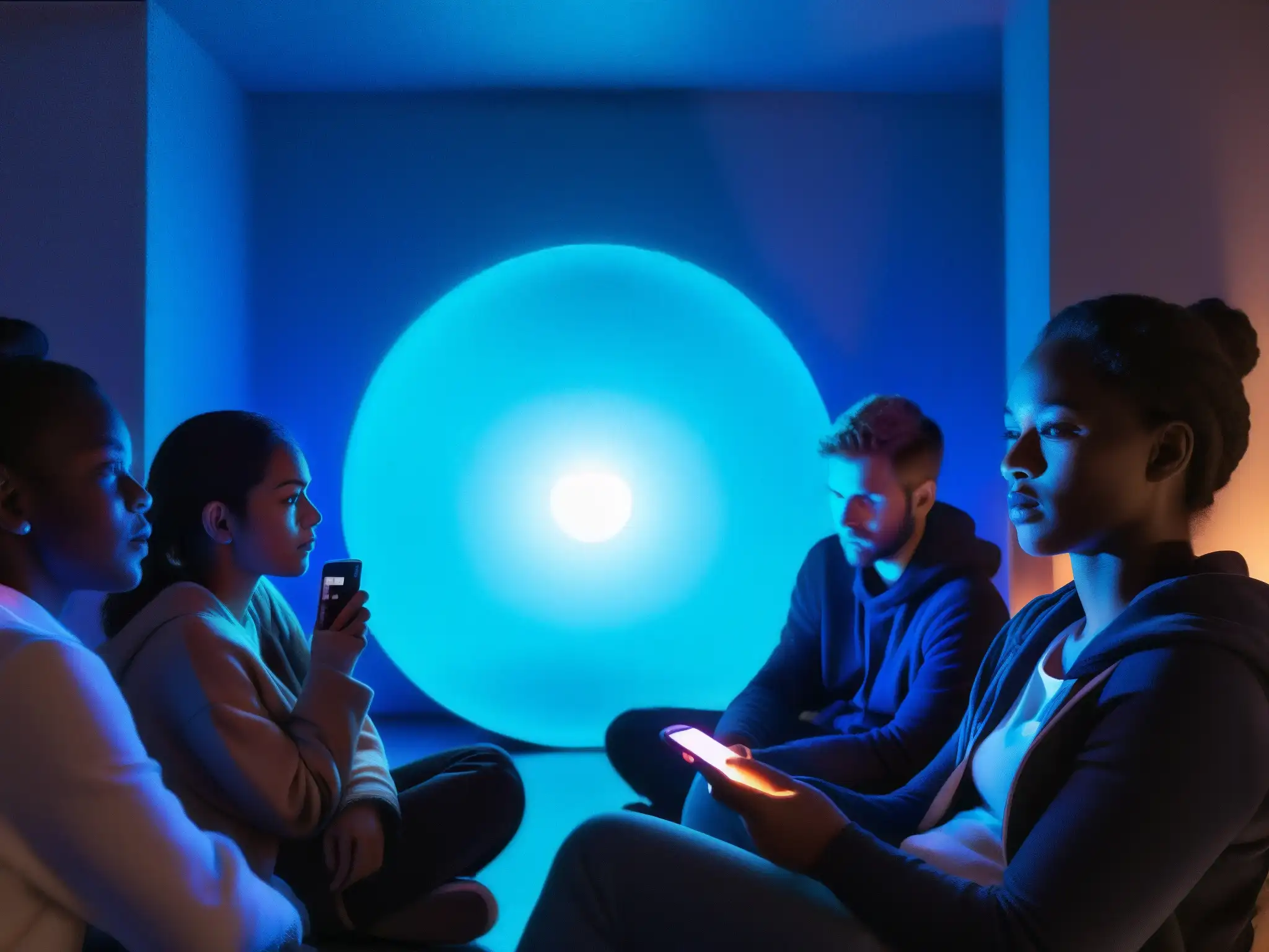 Un grupo de personas escuchando una leyenda urbana digital en una habitación tenue, capturando el fenómeno de las leyendas urbanas digitales