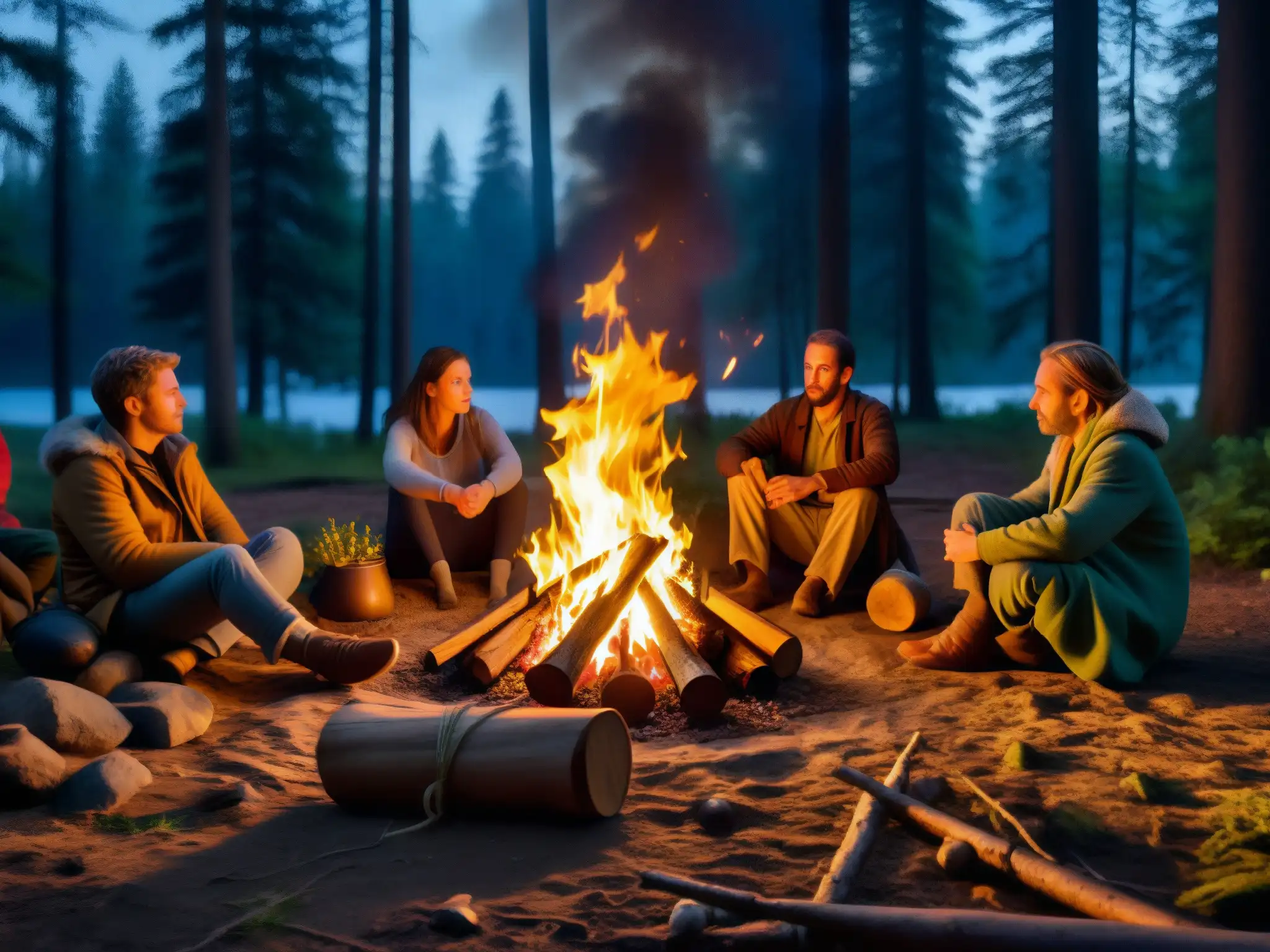 Un grupo de personas escucha atentamente a un narrador junto a una fogata en el bosque de noche, iluminados por las llamas