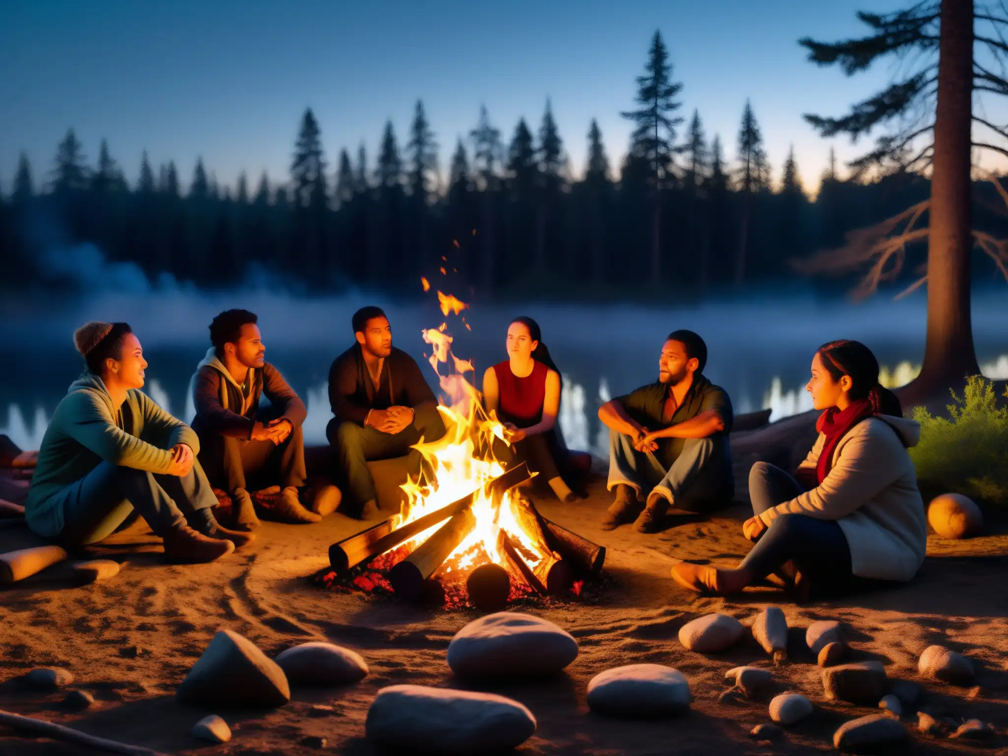 Un grupo de personas escucha atentamente a un narrador junto a la hoguera en la oscuridad del bosque