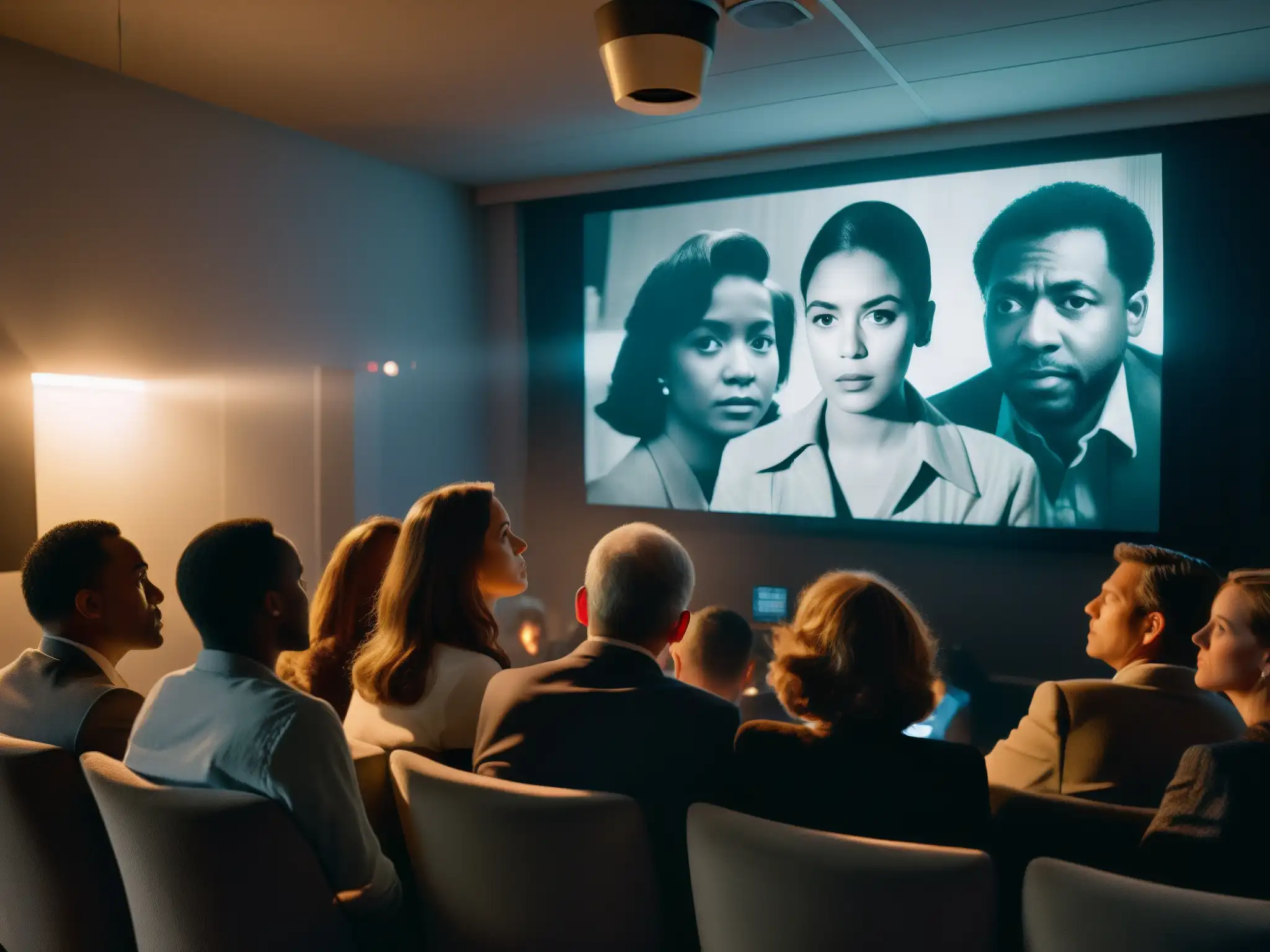 Un grupo de personas ve una película en blanco y negro en una habitación tenue, creando una atmósfera misteriosa y llena de expectación mientras observan un póster político desgastado en la pared