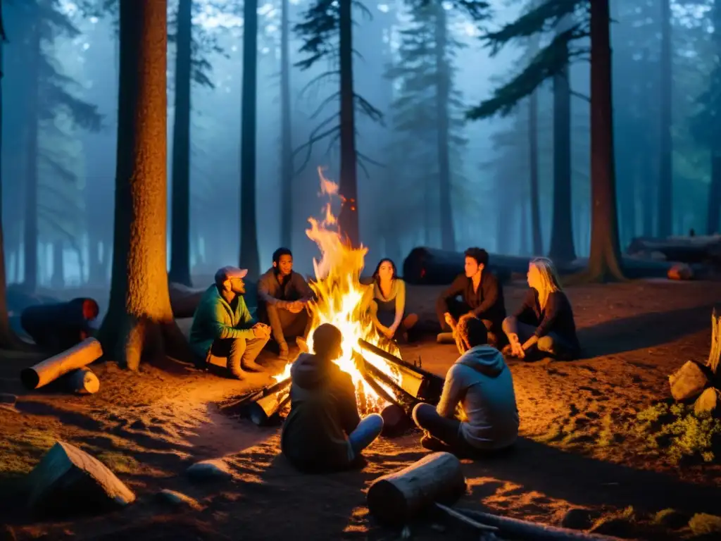 Un grupo de personas escucha un relato terrorífico alrededor de una fogata en un bosque misterioso
