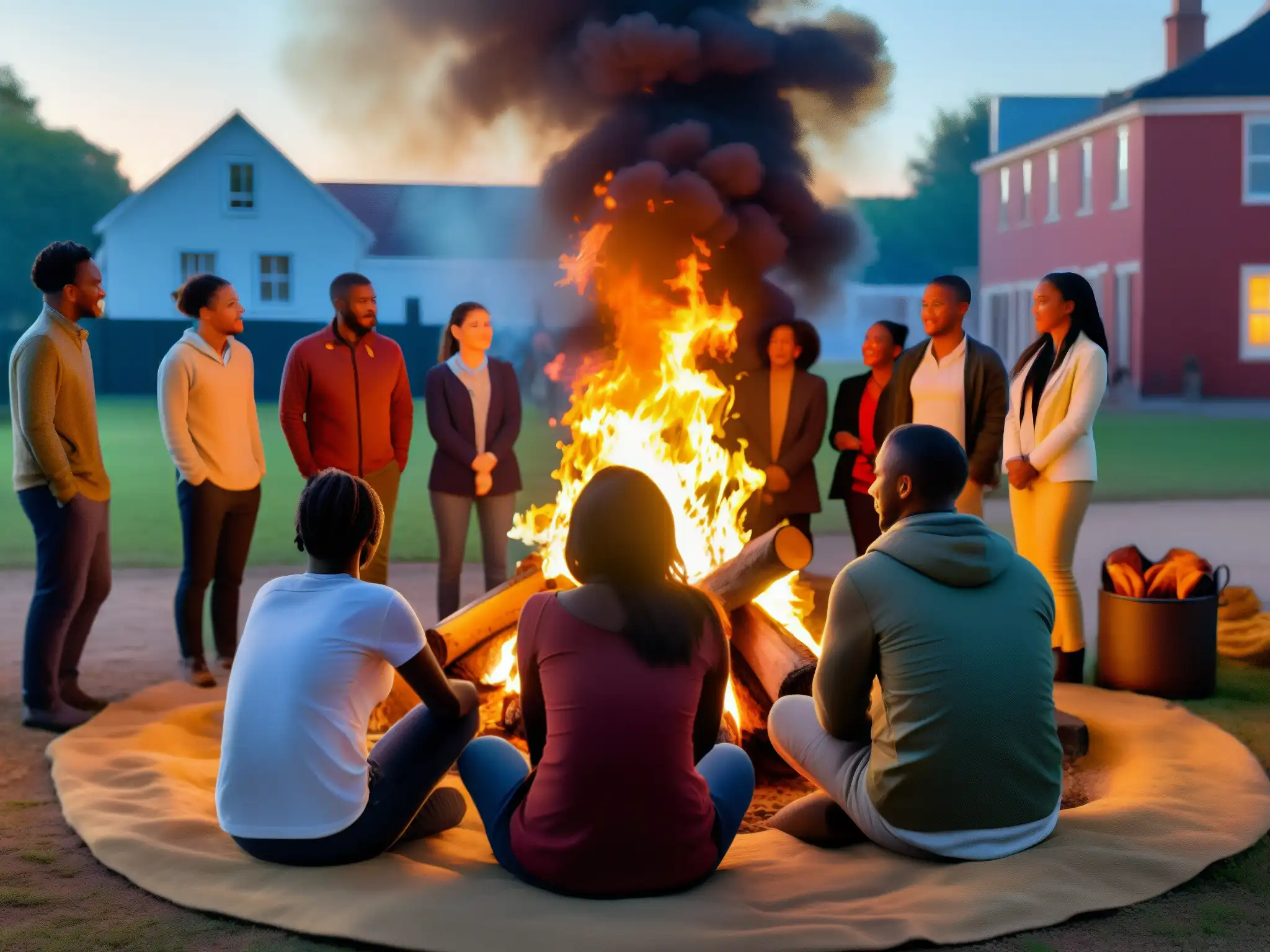 Un grupo de personas reunidas alrededor de una fogata, iluminadas por el cálido resplandor de las llamas, inmersas en conversaciones animadas