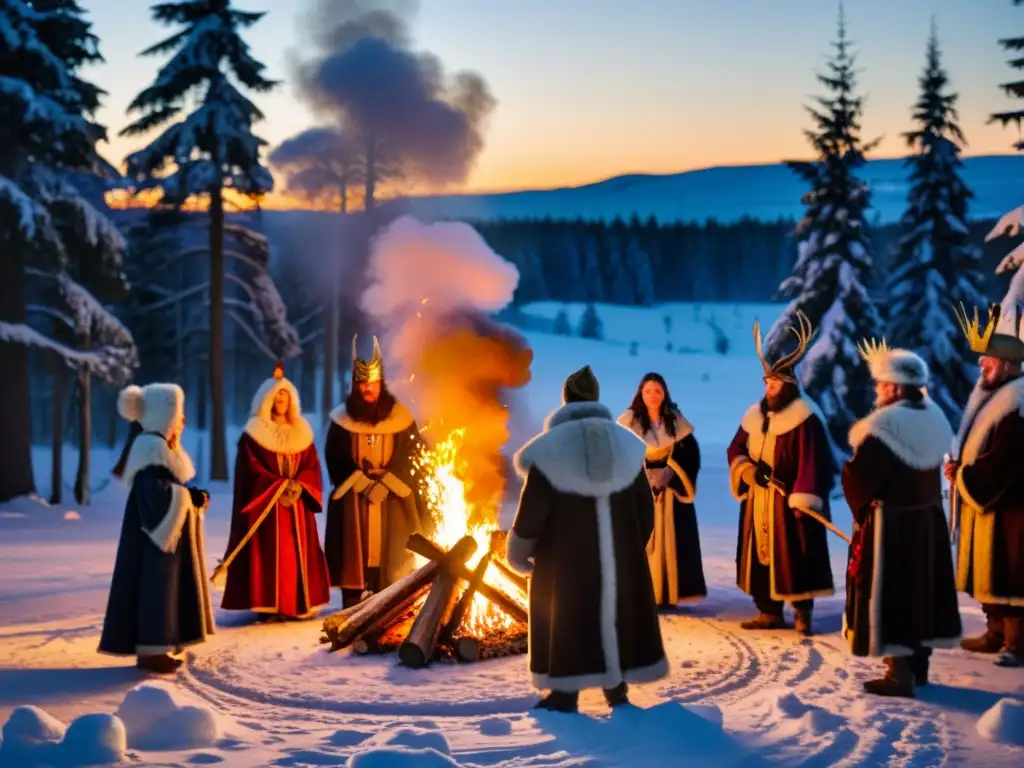 Grupo de personas celebra el solsticio de invierno alrededor de una fogata en un bosque nevado, en una escena mágica de mitos y leyendas urbanas