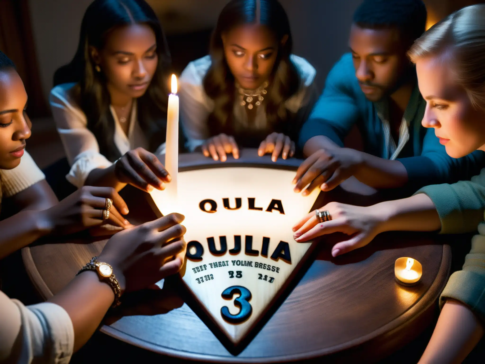 Un grupo de personas se reúnen alrededor de una tabla Ouija en penumbra, con expresiones de curiosidad y tensión