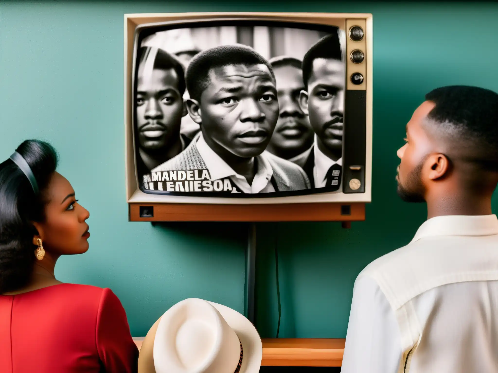Un grupo de personas se reúne alrededor de un televisor vintage, con caras llenas de intensa concentración mientras ven un reporte sobre el origen del efecto Mandela