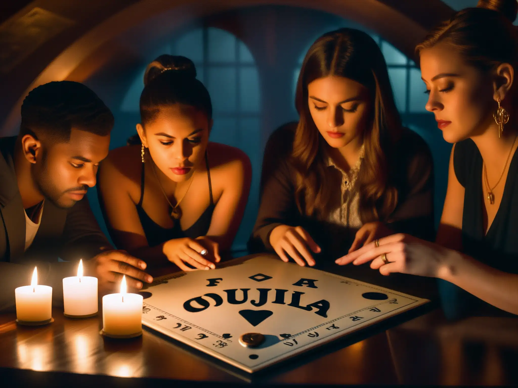 Un grupo de personas en tensión alrededor de una ouija en una habitación misteriosa