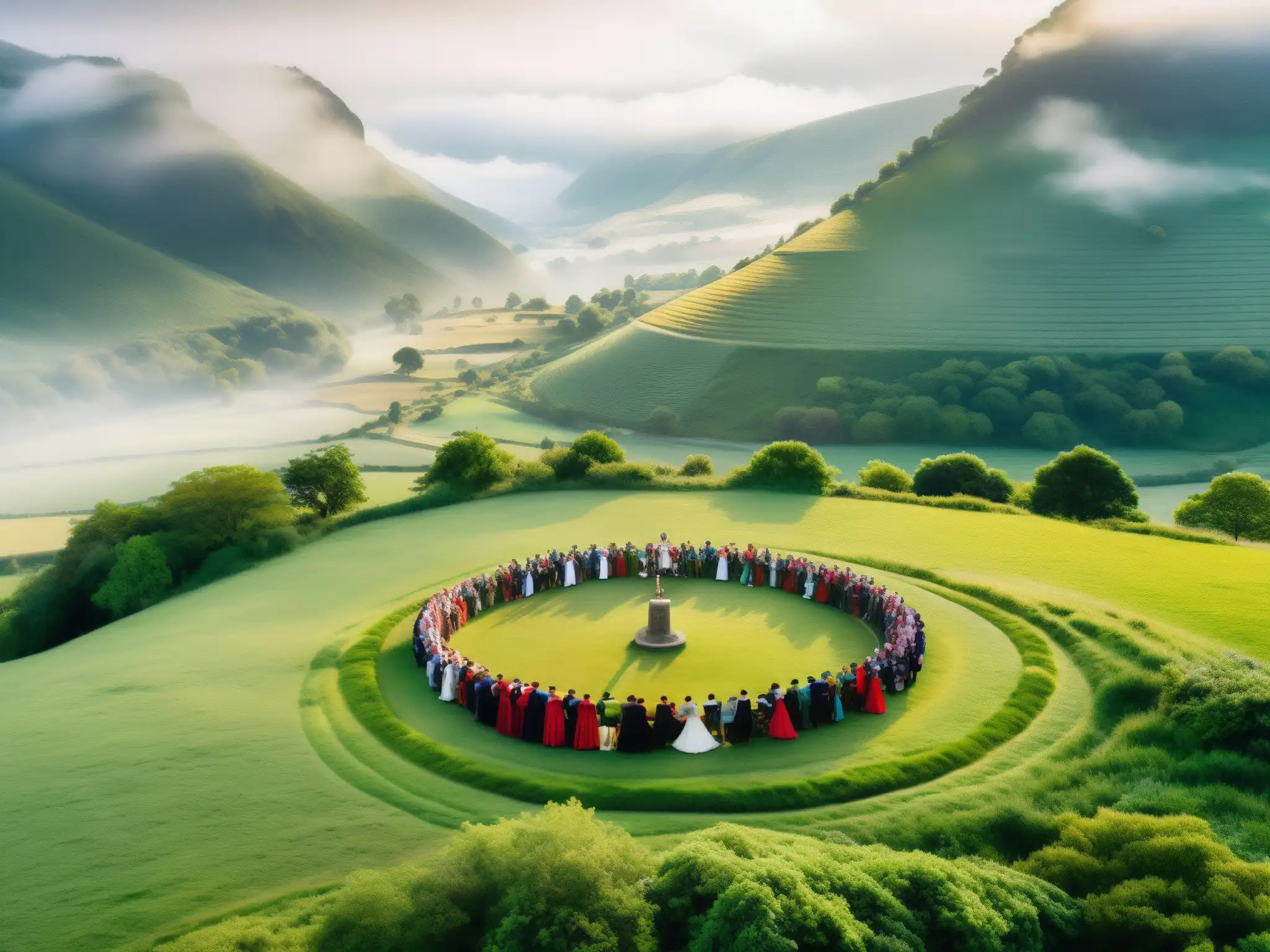Un grupo de personas en trajes celtas danza en un paisaje portugués místico, evocando la tradición de Mito Moura Encantada