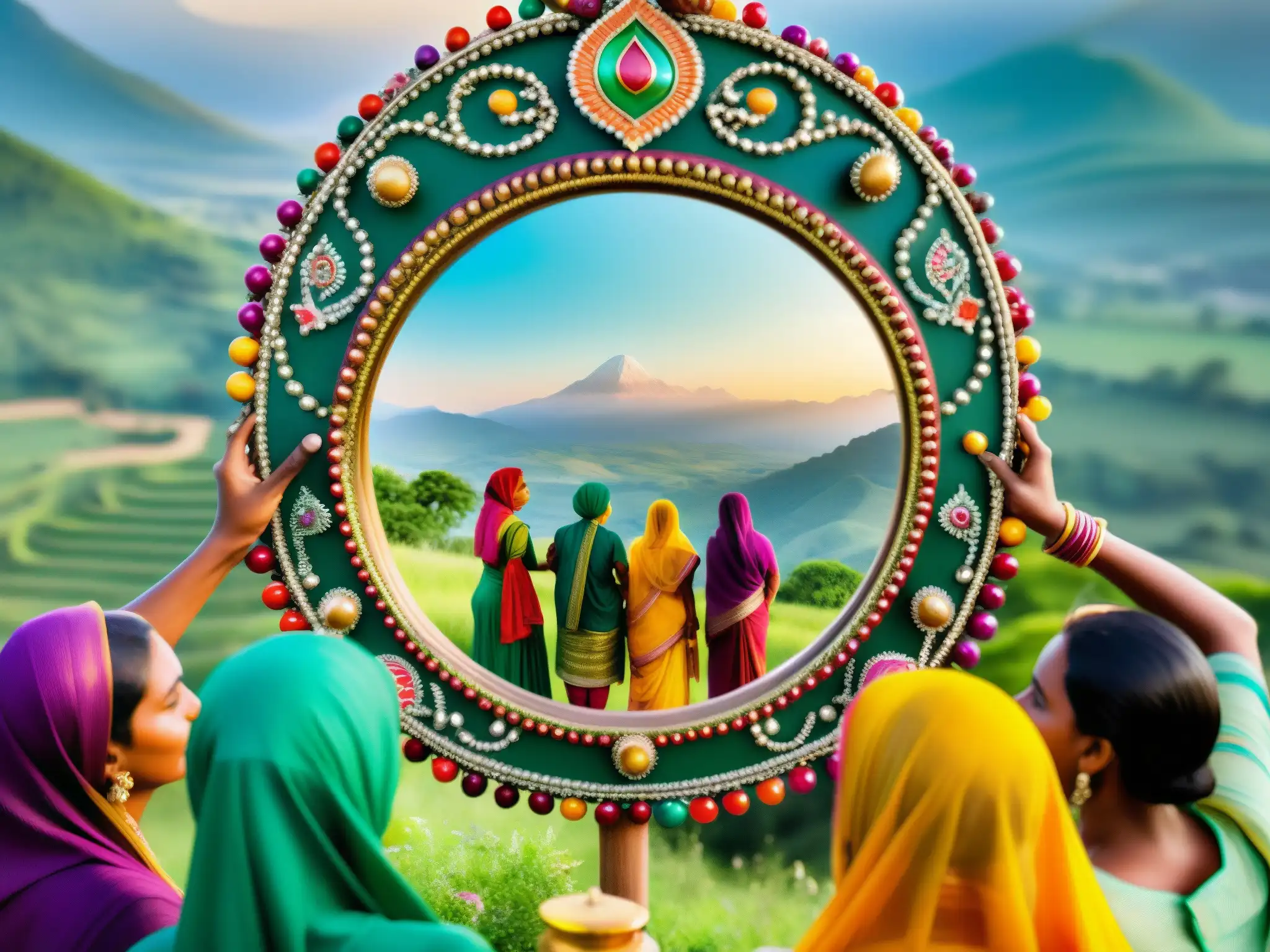 Grupo de personas con saris y turbantes alrededor de un espejo tradicional en India, reflejando la belleza de los Espejos Malditos Mayong India