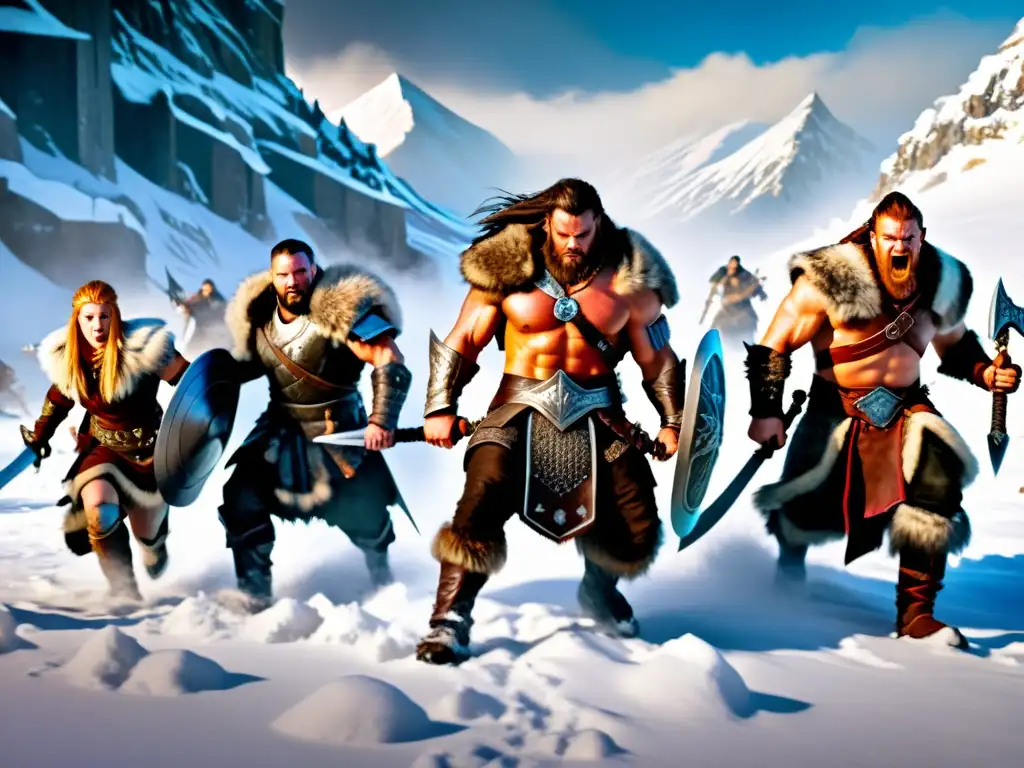 Un grupo de berserkers en plena batalla en un terreno nevado, con expresiones salvajes y armas en alto